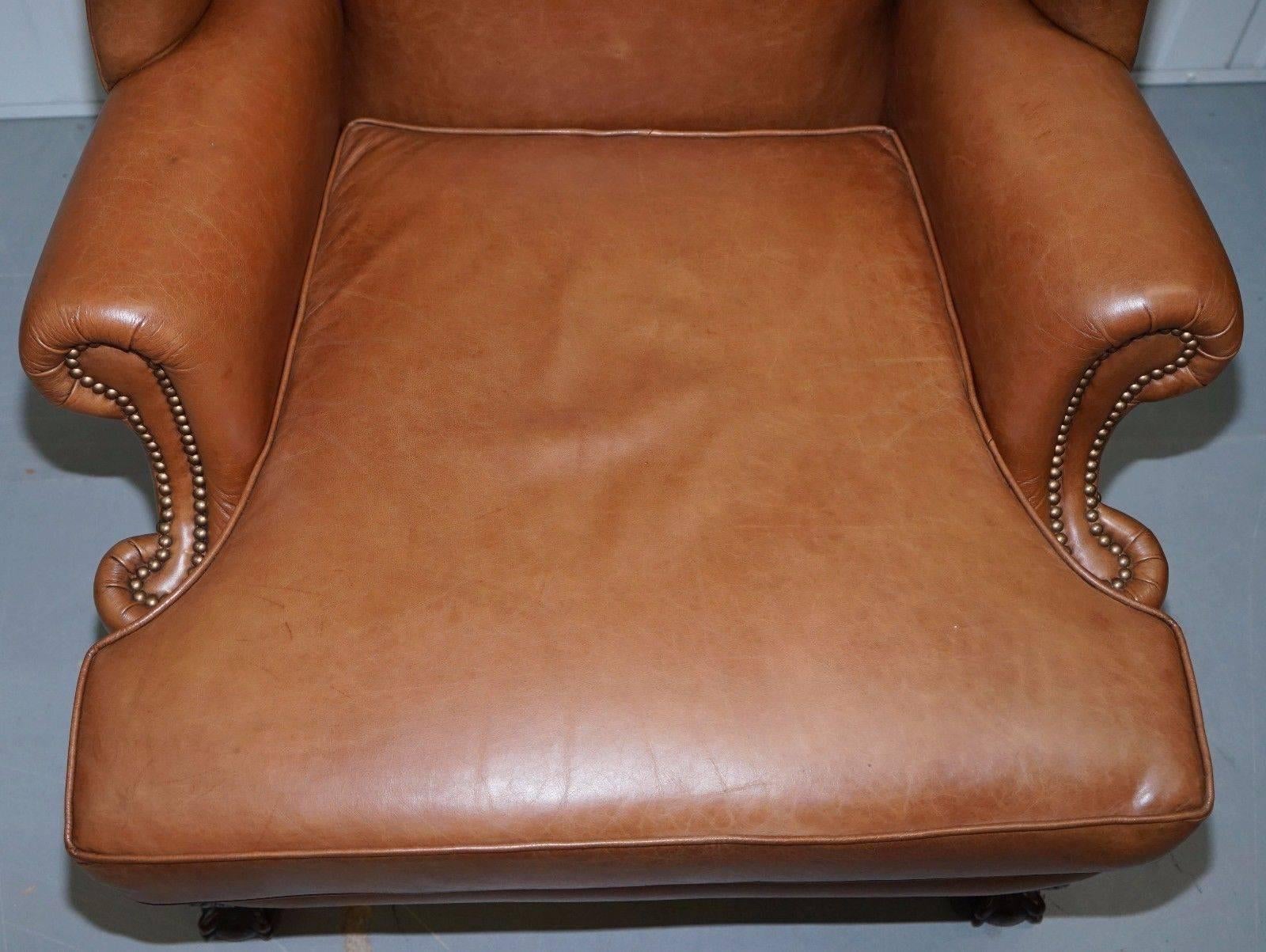 British Pair of Restored Brown Leather circa 1860 Wingback Armchairs Claw and Ball Feet For Sale