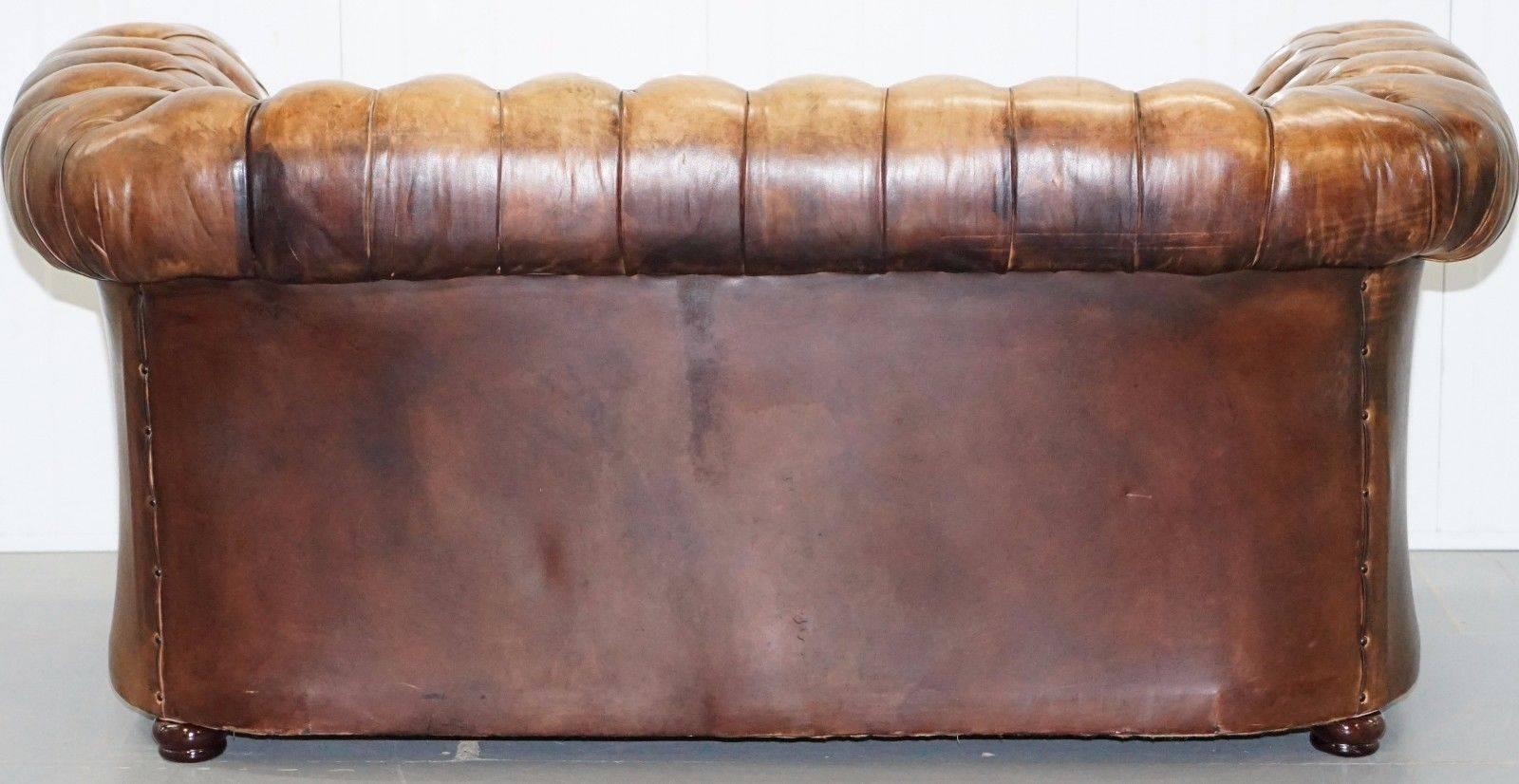 Oak Very Rare Vintage 1920s Hand Dyed Aged Brown Leather Chesterfield Club Sofa