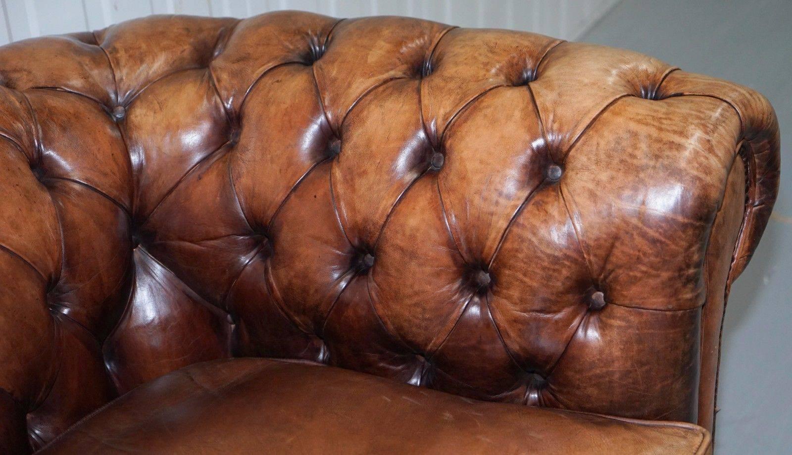 Hand-Carved Very Rare Vintage 1920s Hand Dyed Aged Brown Leather Chesterfield Club Sofa
