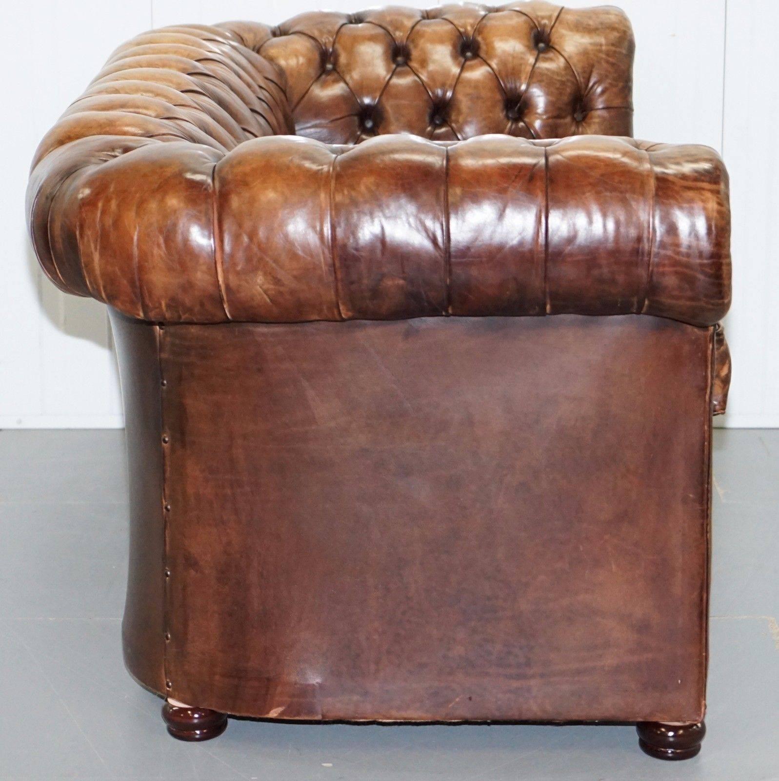 Early 20th Century Very Rare Vintage 1920s Hand Dyed Aged Brown Leather Chesterfield Club Sofa