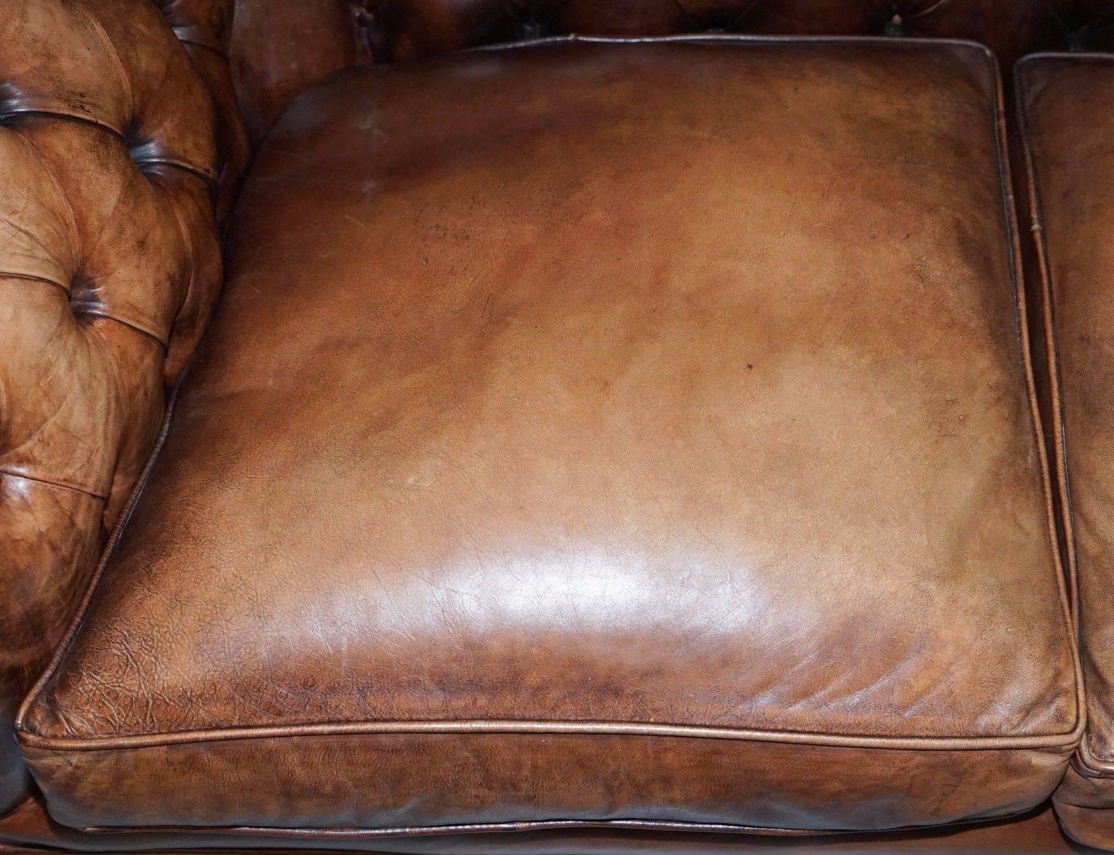 Regency Very Rare Vintage 1920s Hand Dyed Aged Brown Leather Chesterfield Club Sofa