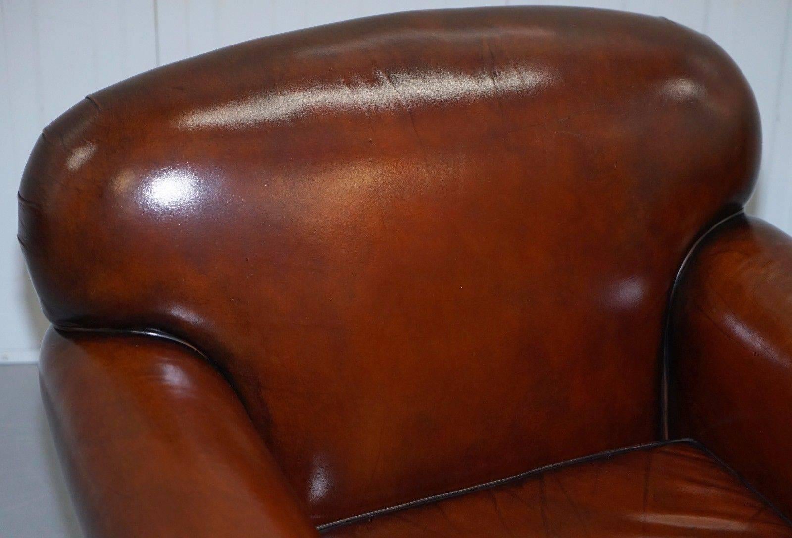 Hand-Crafted Pair of Aged Whisky Brown Leather Fully Restored Hand Dyed Club Armchairs