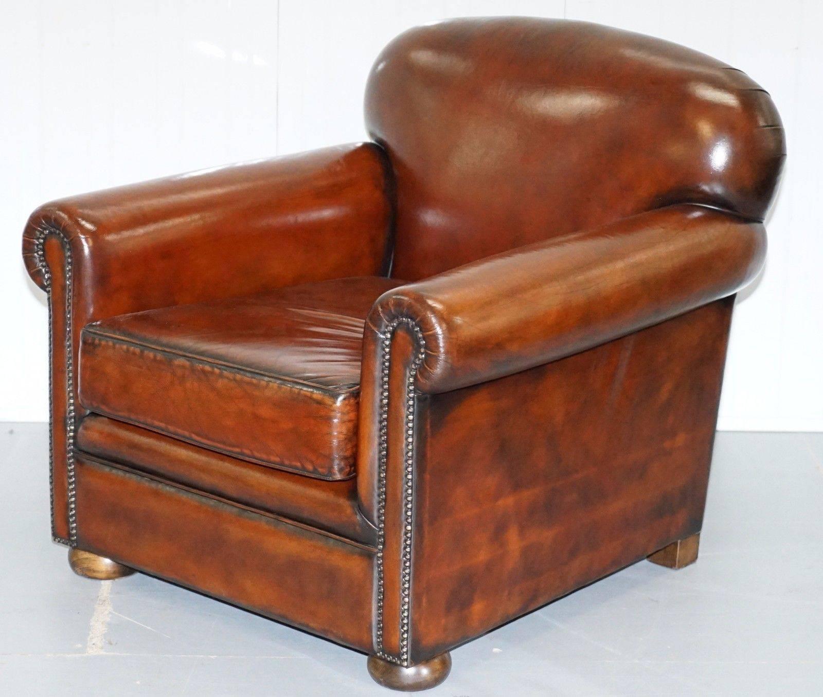 British Pair of Aged Whisky Brown Leather Fully Restored Hand Dyed Club Armchairs