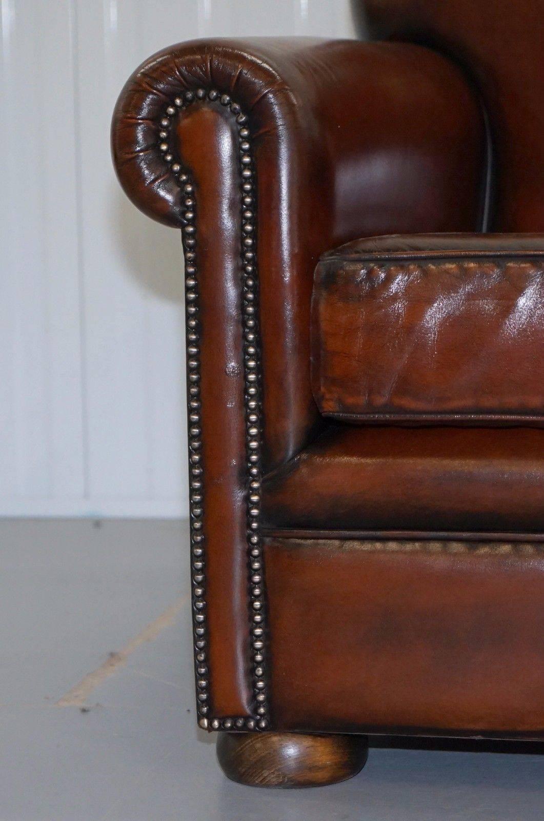 20th Century Pair of Aged Whisky Brown Leather Fully Restored Hand Dyed Club Armchairs