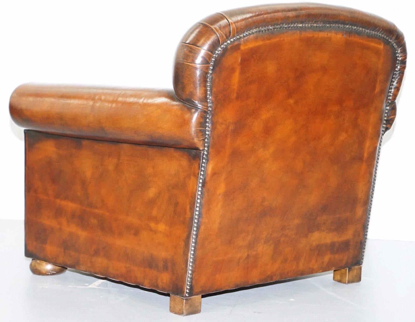 Pair of Aged Whisky Brown Leather Fully Restored Hand Dyed Club Armchairs 3
