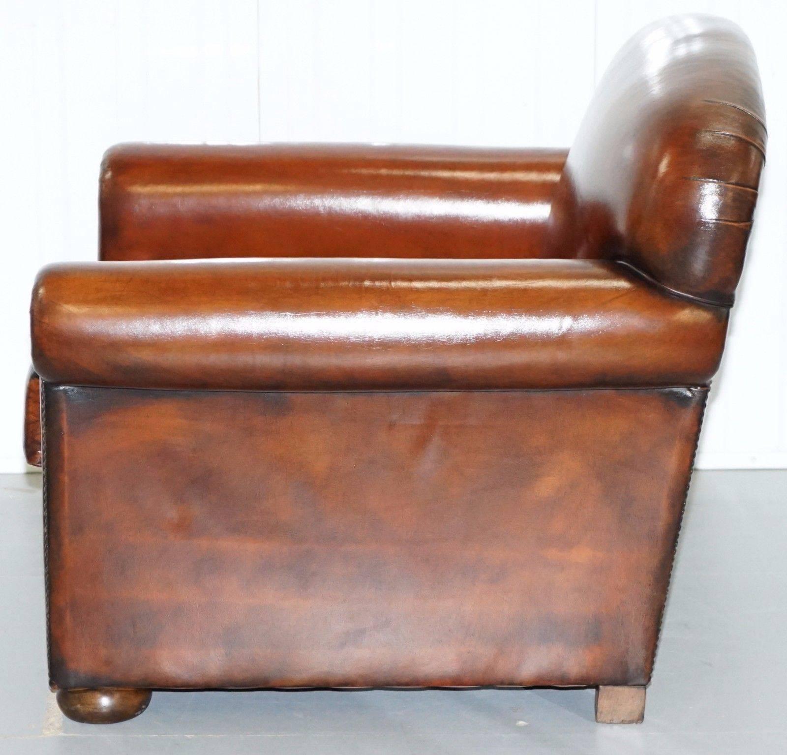 Pair of Aged Whisky Brown Leather Fully Restored Hand Dyed Club Armchairs 2