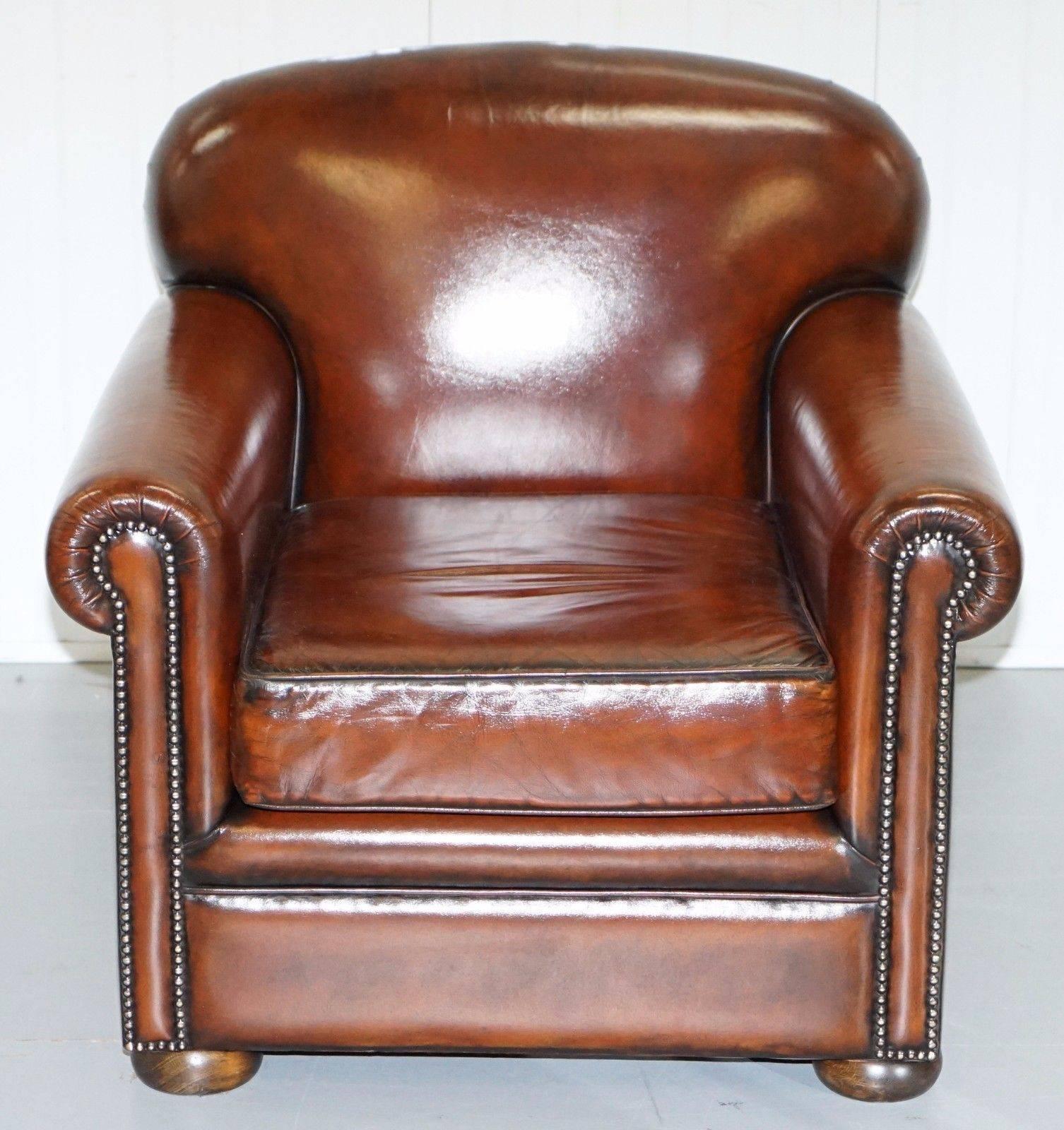 Regency Pair of Aged Whisky Brown Leather Fully Restored Hand Dyed Club Armchairs