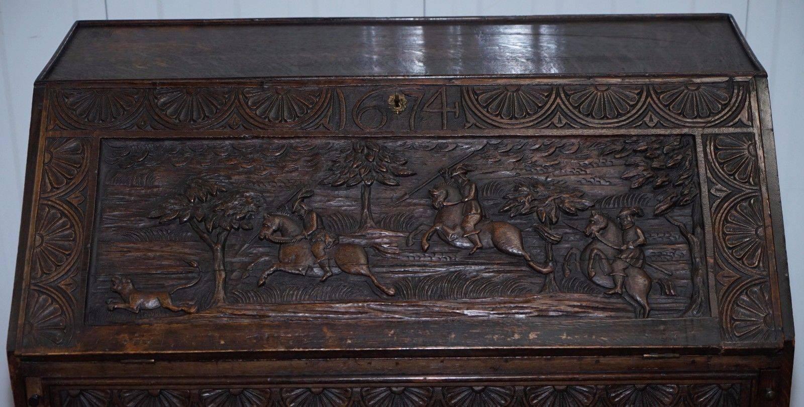 British Rare Charles II 1674 Carved with Hunting Scenes Writing Bureau Desk Lots Drawers