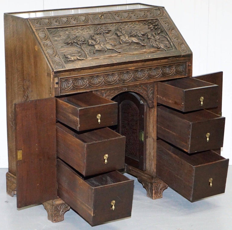 Rare Charles II 1674 Carved with Hunting Scenes Writing Bureau Desk