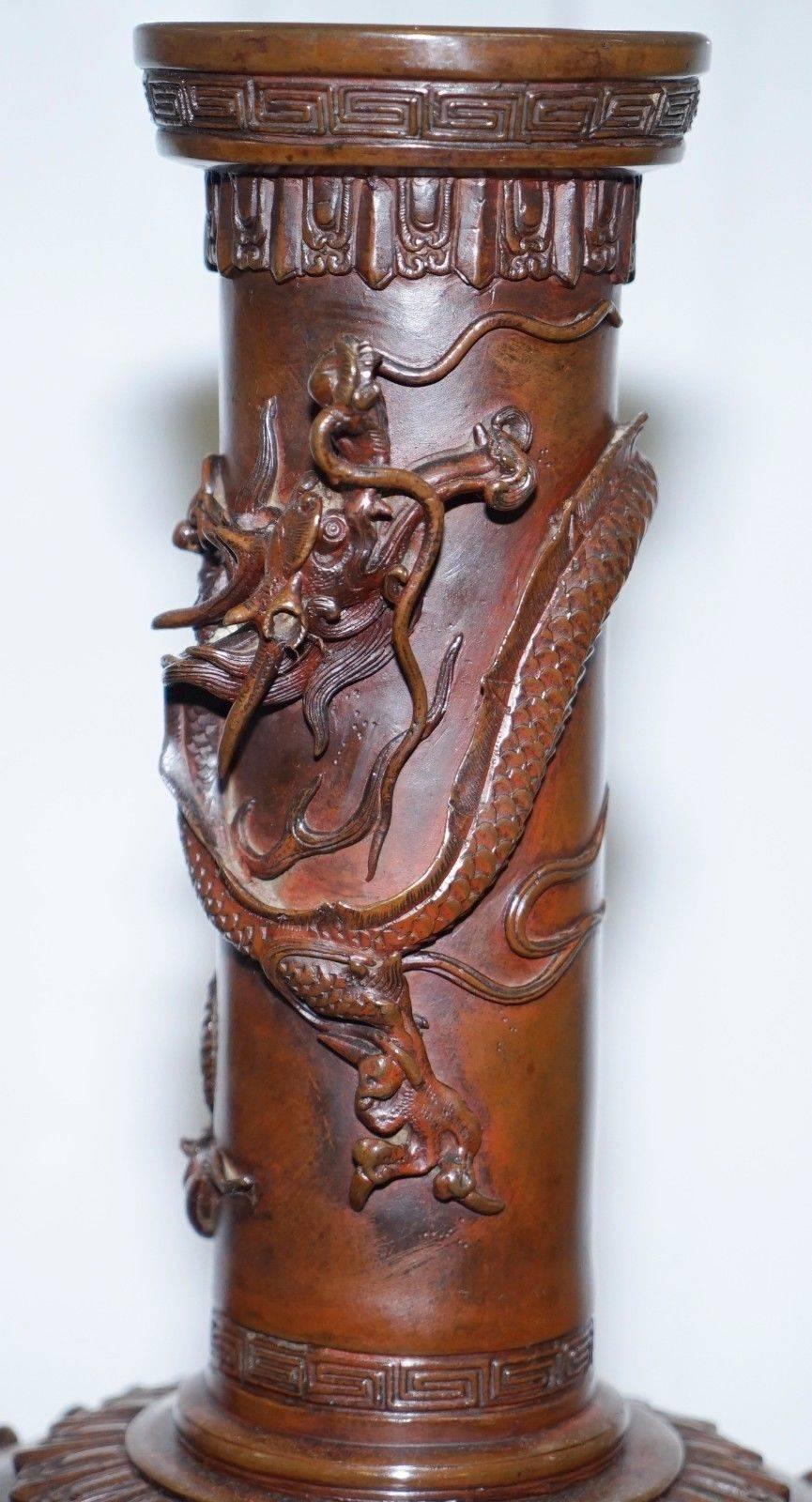 Pair of Large Japanese Dragon, Birds & Lotus Relief Bronze Vases Meiji Dynasty In Good Condition In West Sussex, Pulborough