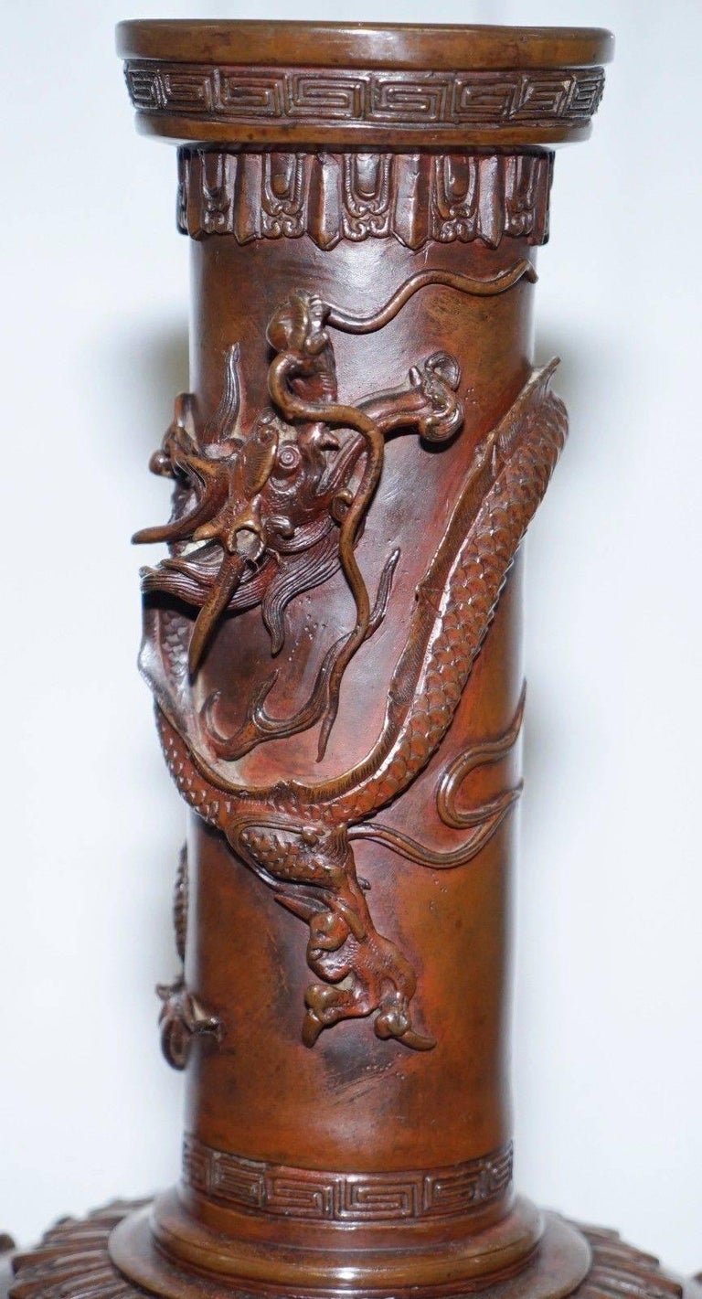 19th Century Pair of Large Japanese Dragon, Birds & Lotus Relief Bronze Vases Meiji Dynasty