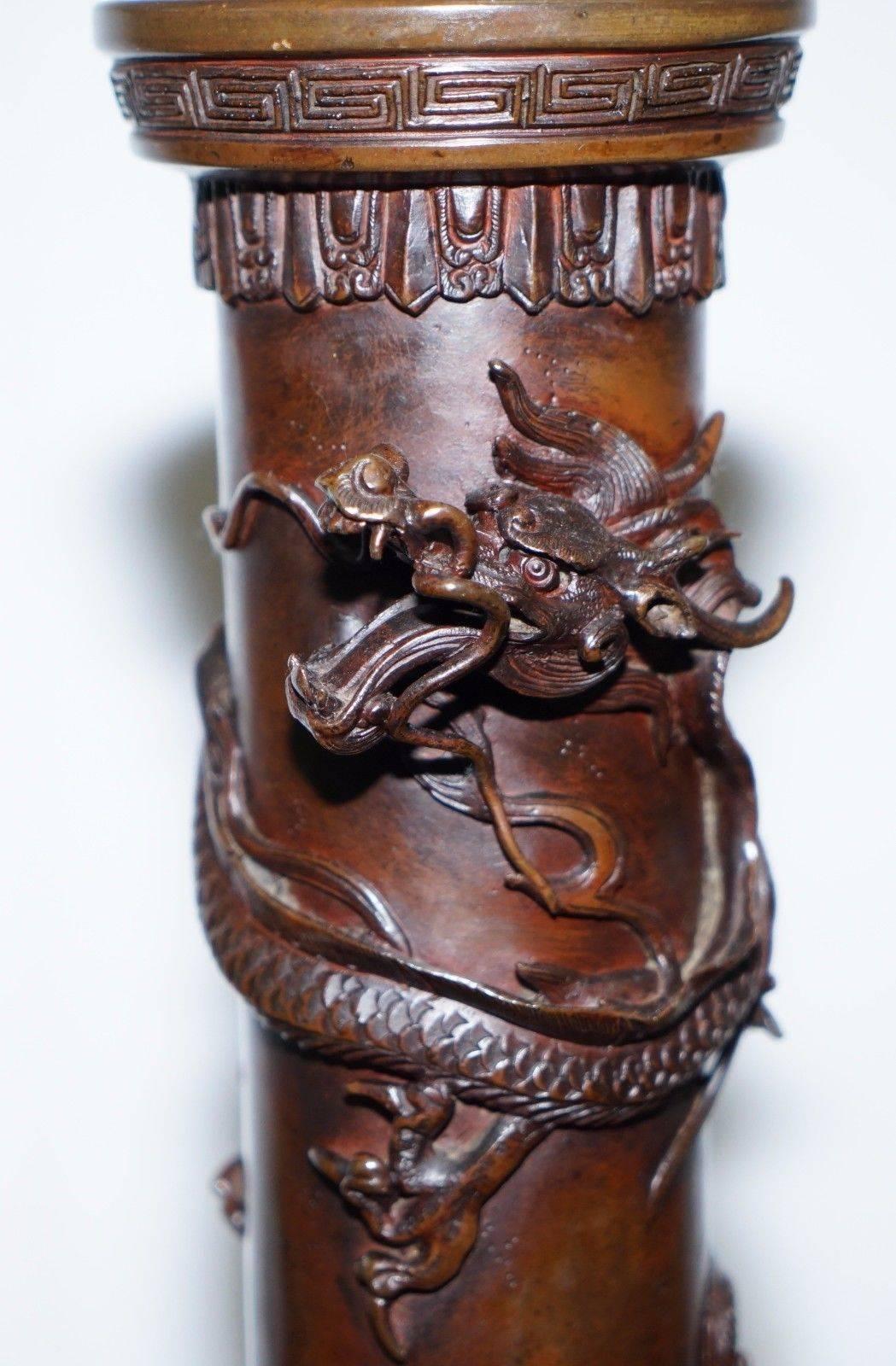 Pair of Large Japanese Dragon, Birds & Lotus Relief Bronze Vases Meiji Dynasty 4