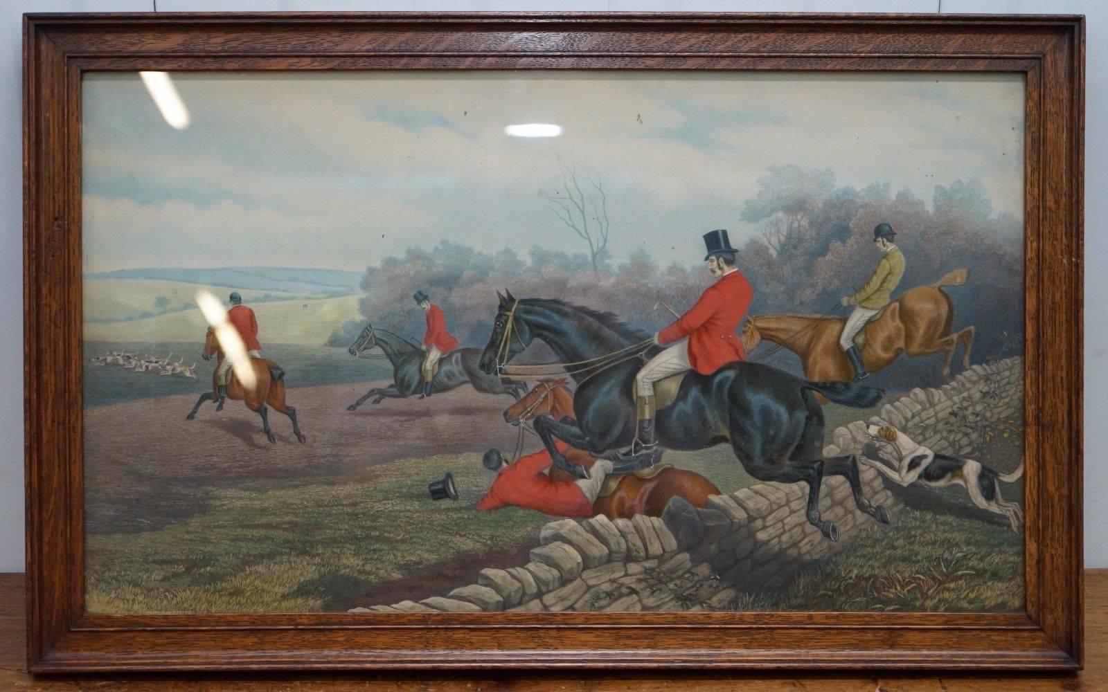 Sporting Art Set of Four Early Victorian Hunting Prints Hand Colored English Oak Frames
