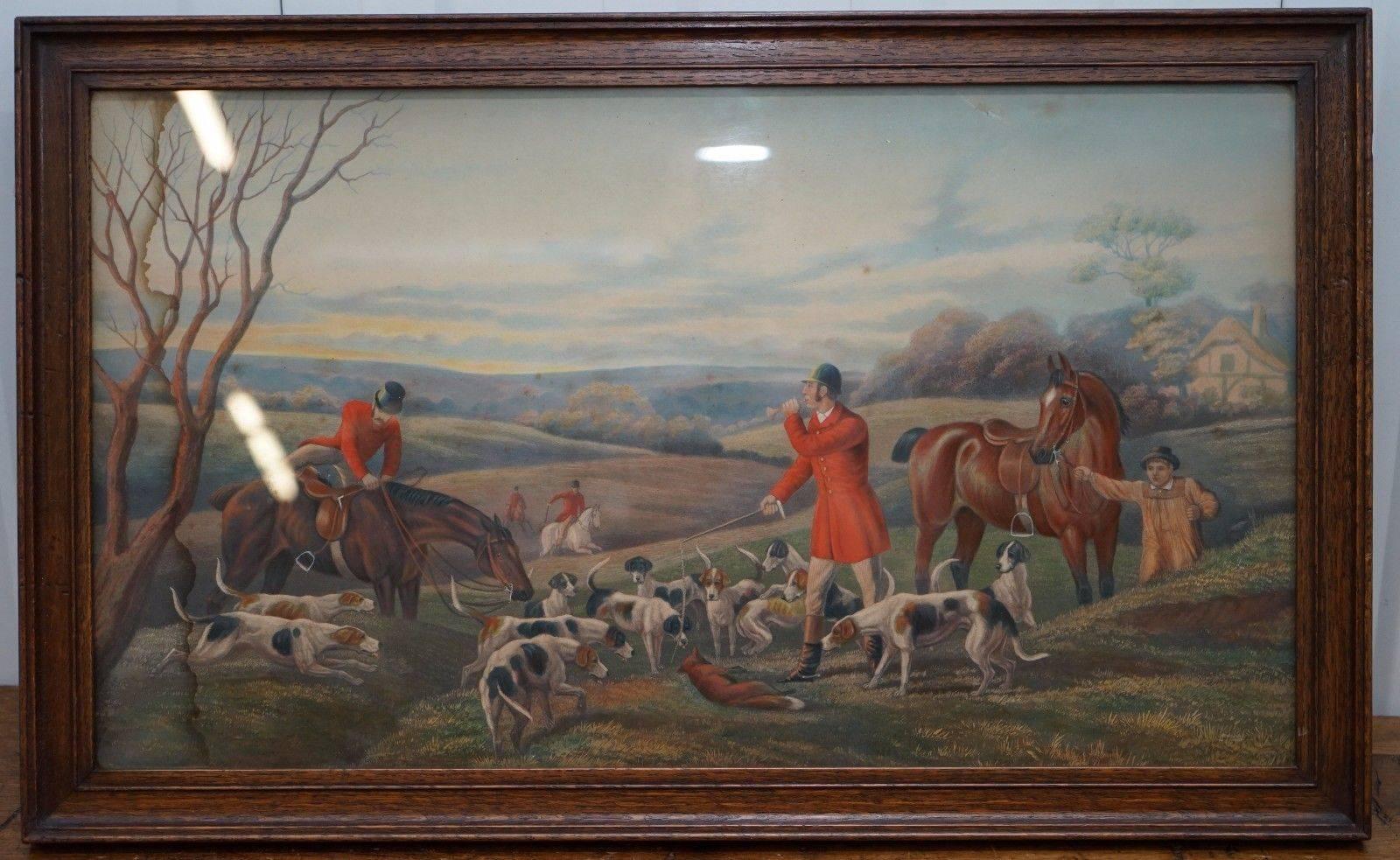 Hand-Crafted Set of Four Early Victorian Hunting Prints Hand Colored English Oak Frames