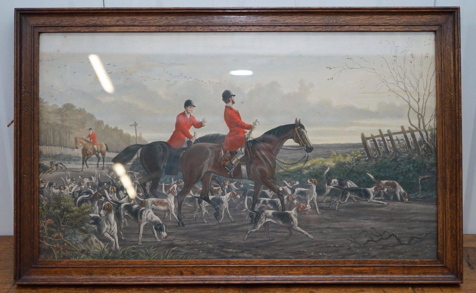 We are delighted to offer for sale this lovely set of four hand coloured Victorian hunting scene prints in English oak frames

A really very lovely vintage set, early Victorian and expertly executed 
 
Dimensions
Height 40.7cm
Width