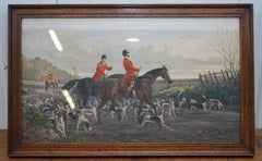 Set of Four Early Victorian Hunting Prints Hand Colored English Oak Frames