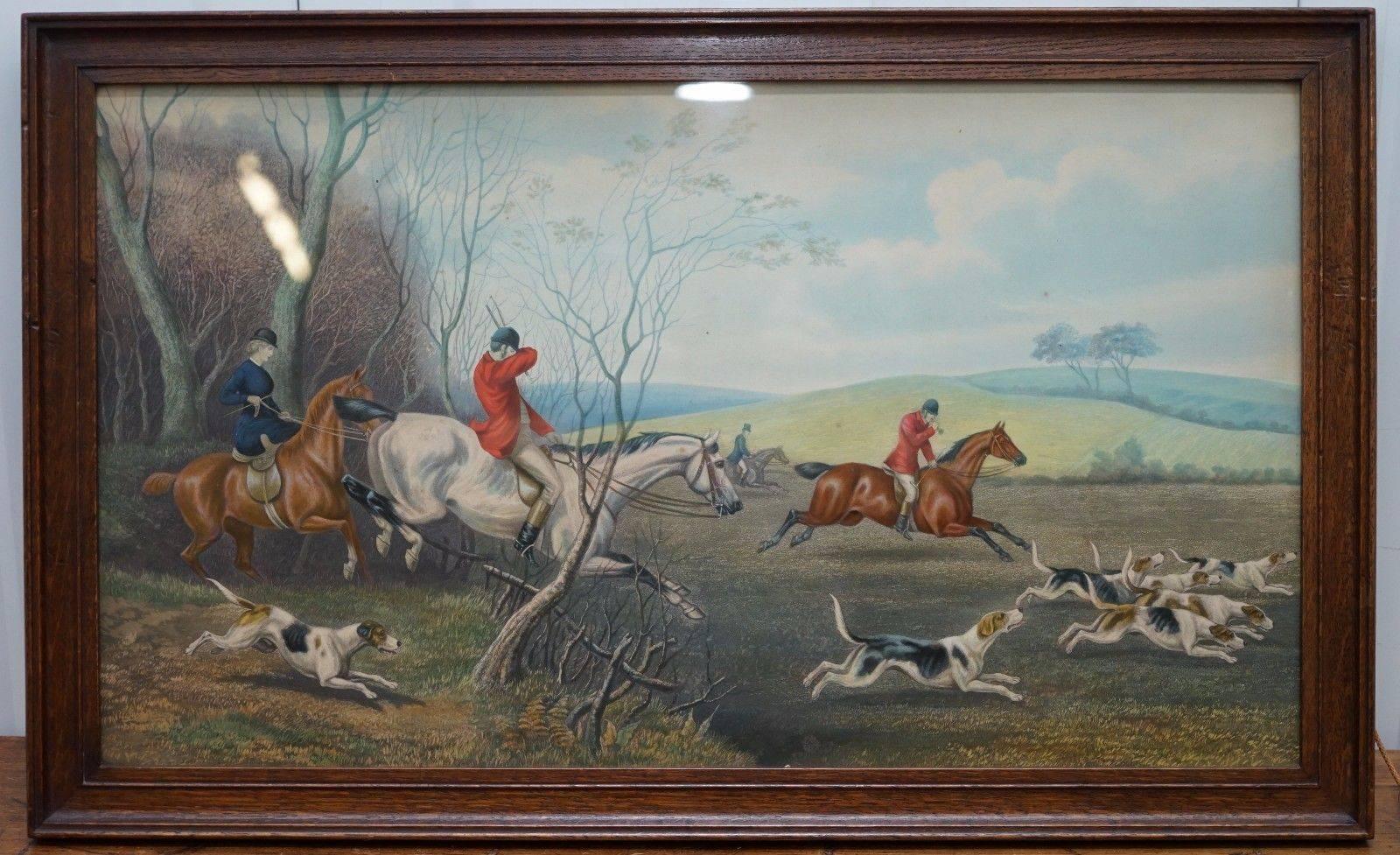 Paint Set of Four Early Victorian Hunting Prints Hand Colored English Oak Frames