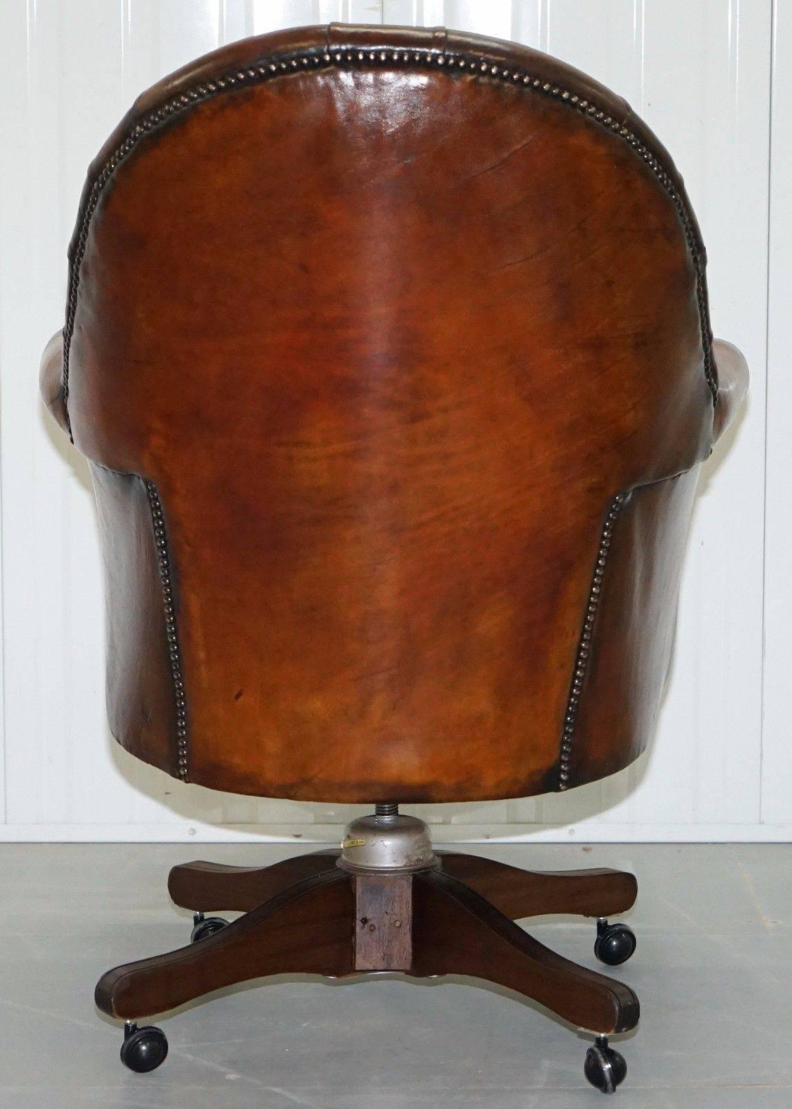 British Restored 1940 Hillcrest Chesterfield Antique Whisky Brown Leather Captains Chair