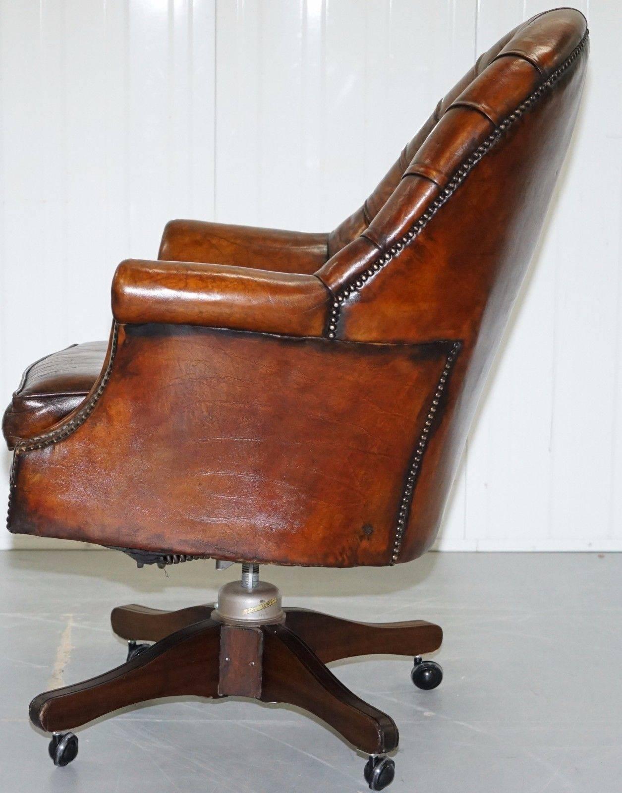 Hand-Carved Restored 1940 Hillcrest Chesterfield Antique Whisky Brown Leather Captains Chair