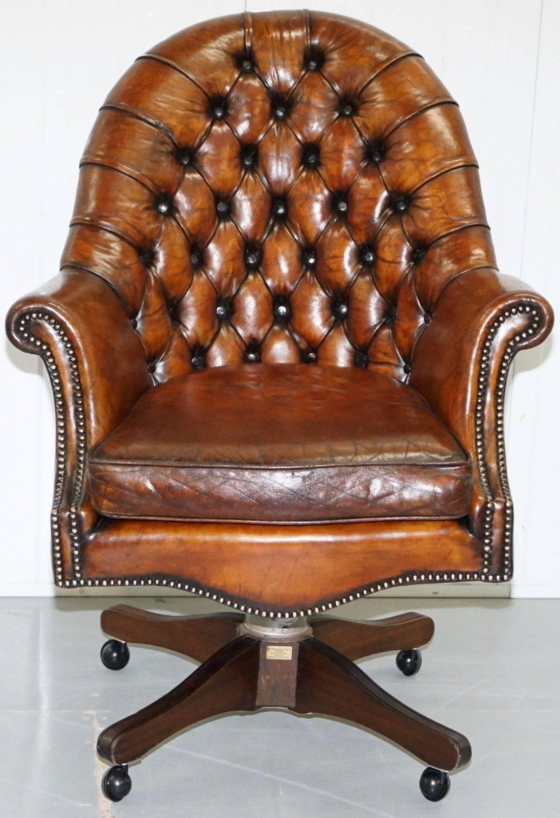 We are delighted to offer for sale this lovely fully restored Hillcrest original double tension spring 1940s horsehair padded with coil sprung base Chesterfield cushion seat captains chair

This piece has been fully restored to include having the