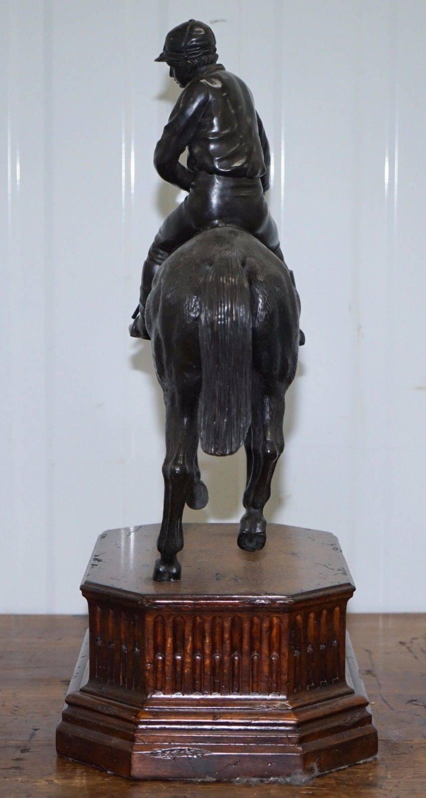 Hand-Crafted Very Large Solid Bronze Equestrian Horse with Jockey on a Walnut Base Rare Find