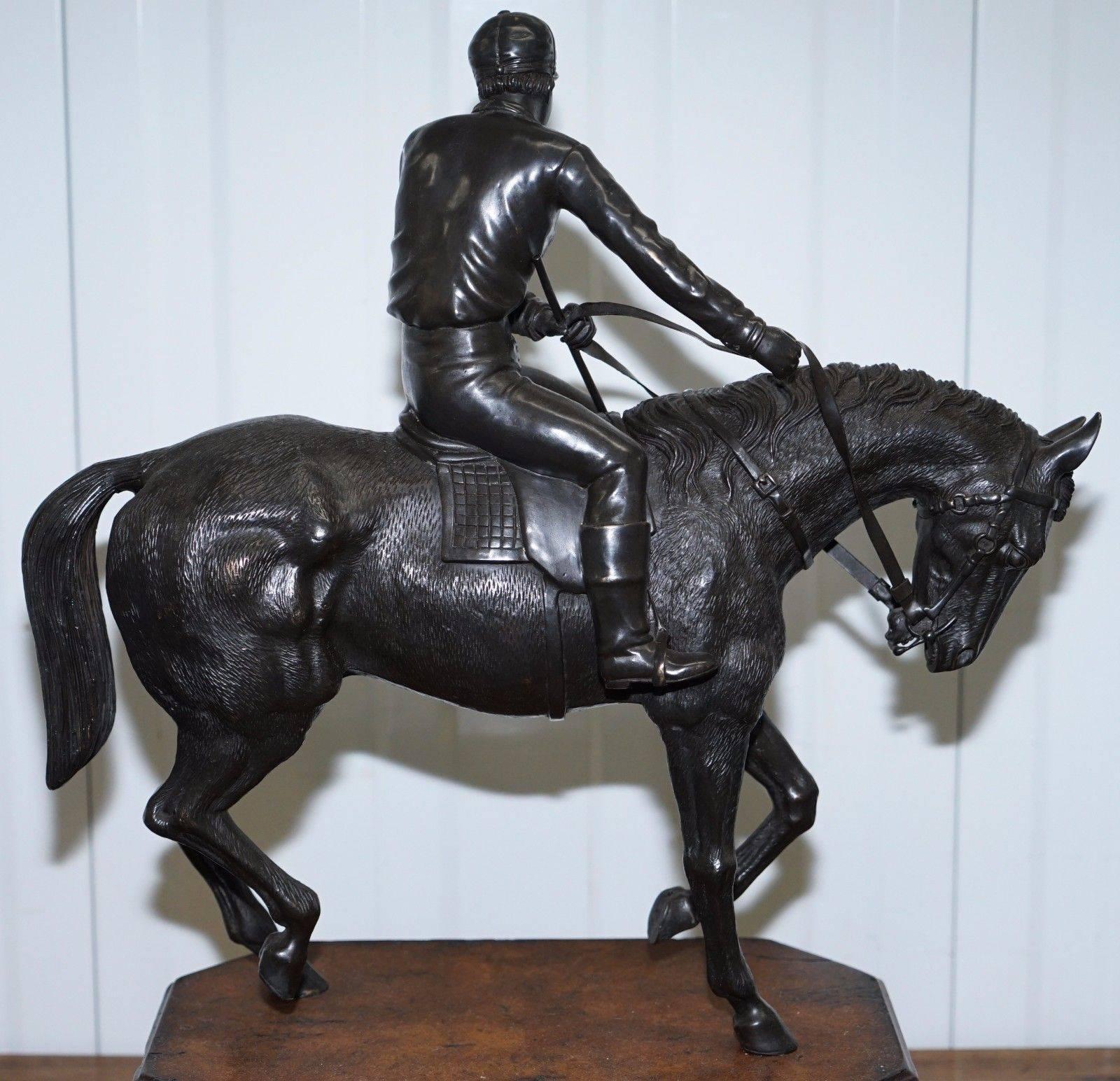 20th Century Very Large Solid Bronze Equestrian Horse with Jockey on a Walnut Base Rare Find