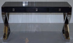 Vintage Milo Baughman Style Black Campaign Desk with Thick Solid Chrome Legs