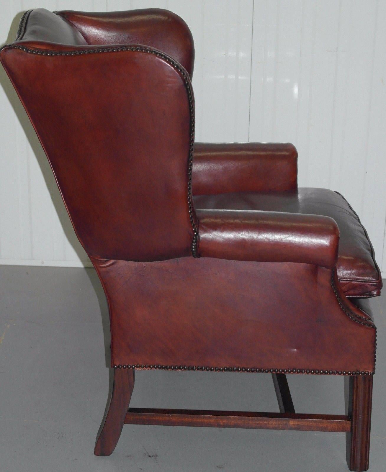 Hand-Carved Georgian Wingback Vintage Leather Fireside Armchair Oxblood Heritage Leather Etc