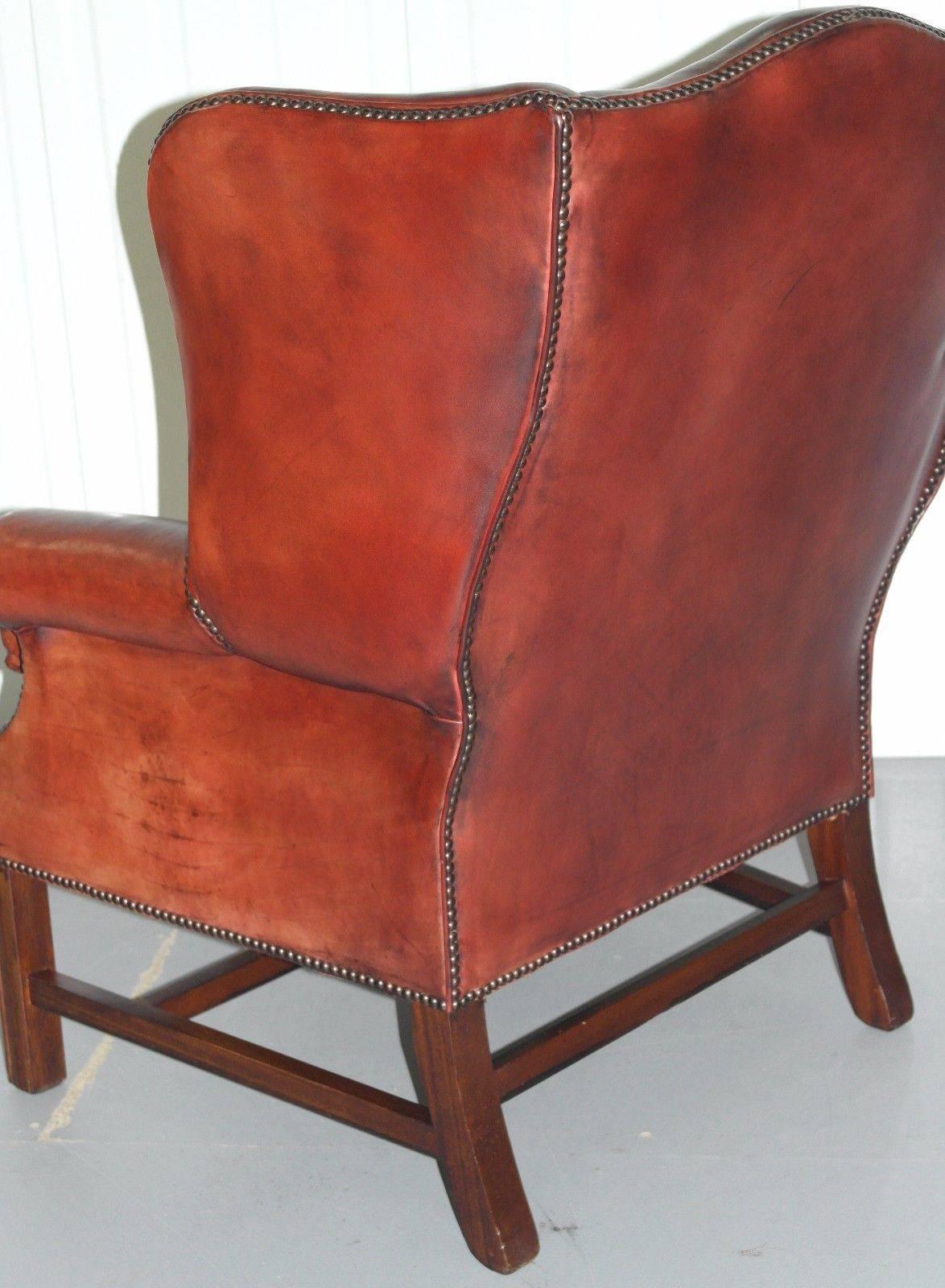 Contemporary Georgian Wingback Vintage Leather Fireside Armchair Oxblood Heritage Leather Etc