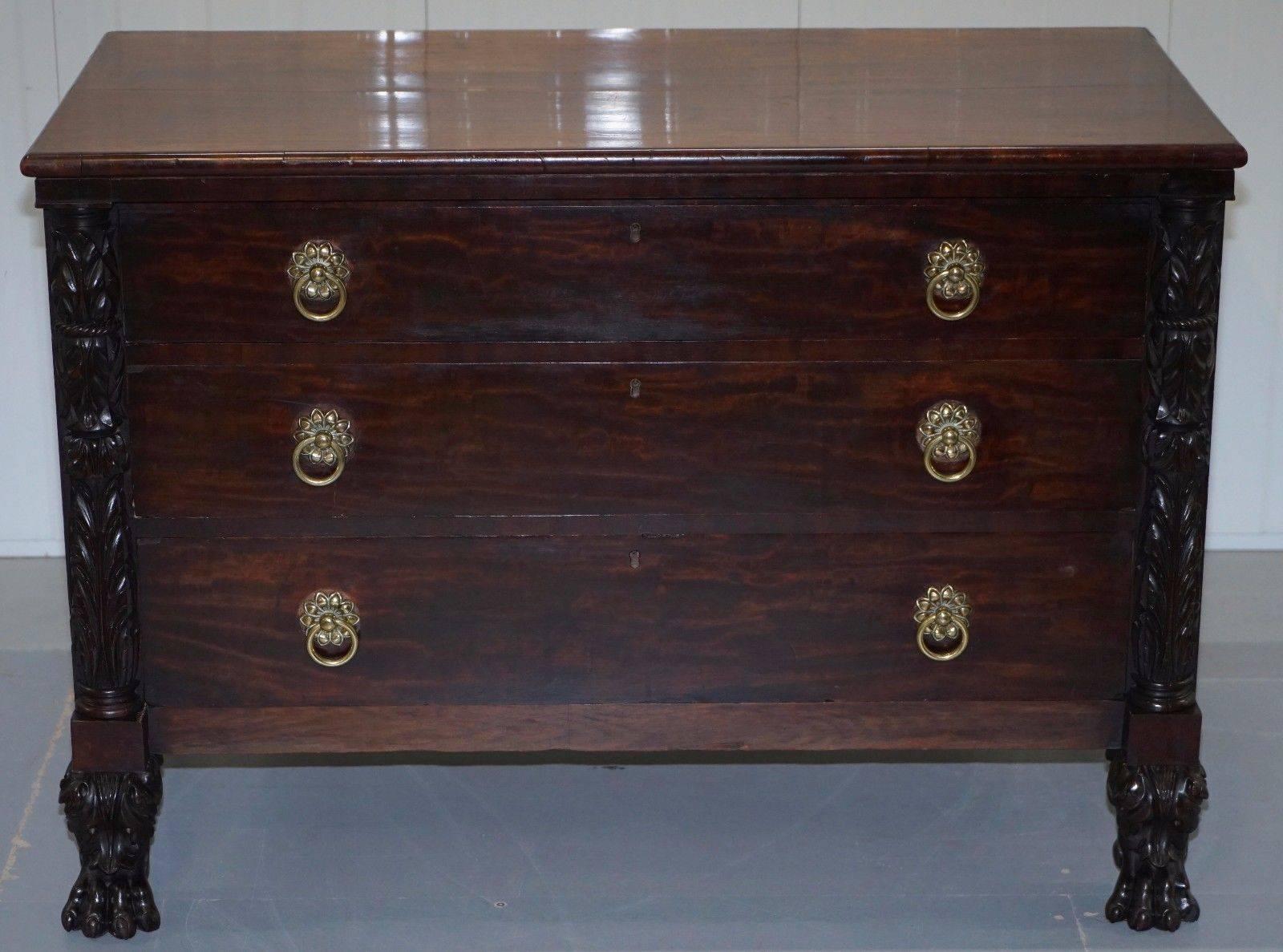 We are delighted to offer for sale this stunning original period circa, 1825 flamed mahogany with Lion hairy paw carved feet American Federal Philadelphia chest of drawers

What can I say, a truly stunning chest from any angle, the colour and