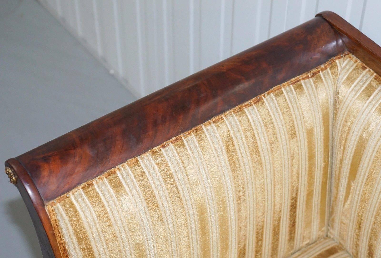 19th Century Rare Biedermeier Gilt Metal Mounted Mahogany French Empire Style Scroll Arm Sofa