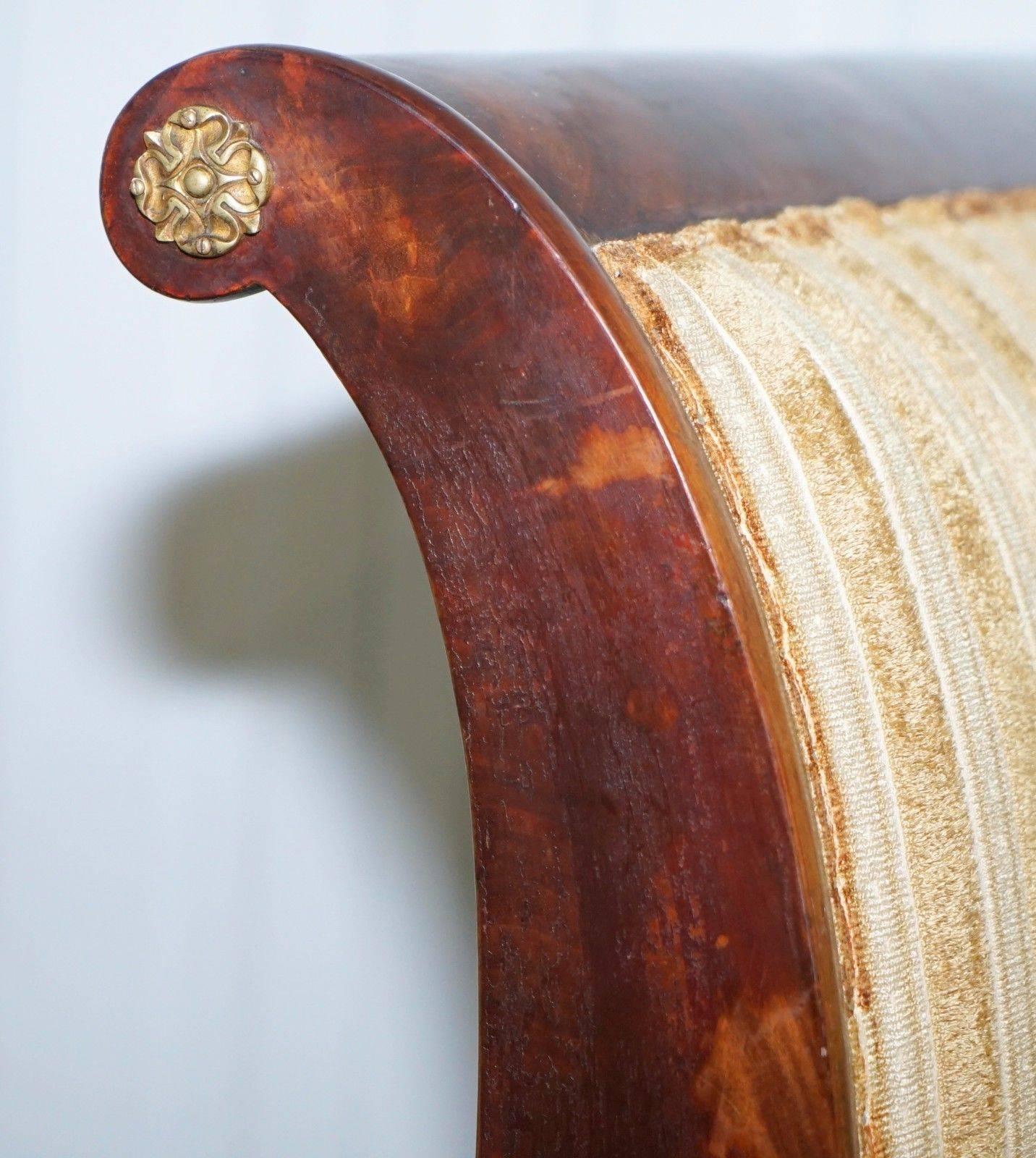 Rare Biedermeier Gilt Metal Mounted Mahogany French Empire Style Scroll Arm Sofa 1