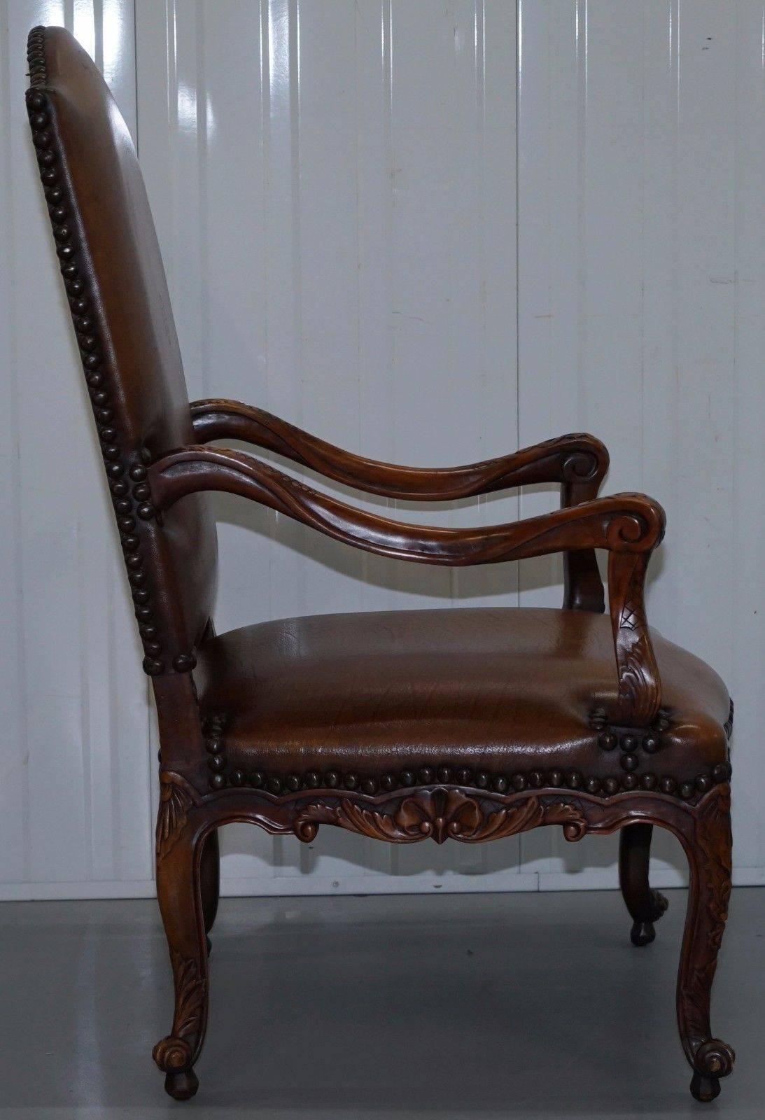 Grand Theodore Alexander Accent High Back French Louis Brown Leather Armchair 1