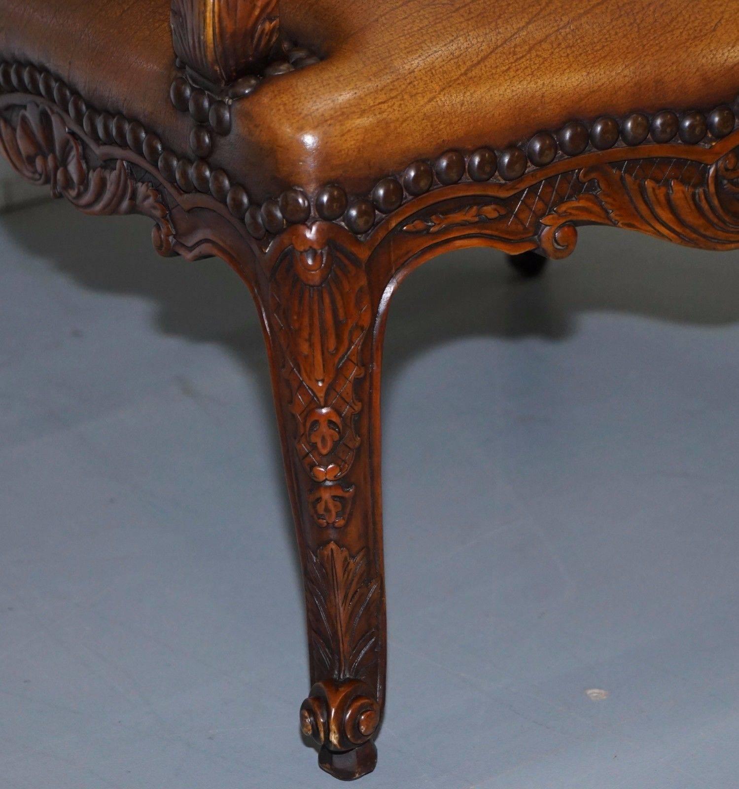 Hardwood Grand Theodore Alexander Accent High Back French Louis Brown Leather Armchair