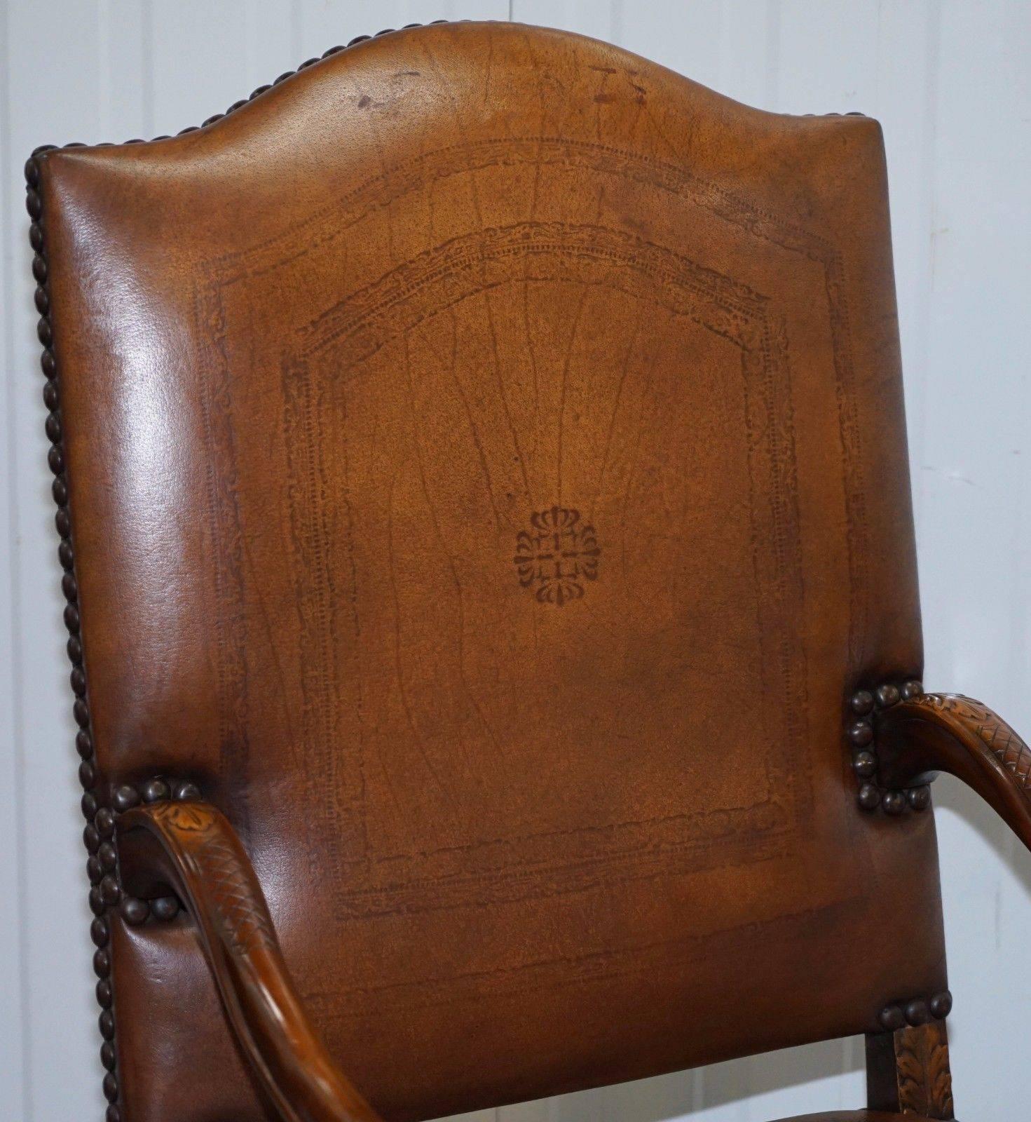 French Provincial Grand Theodore Alexander Accent High Back French Louis Brown Leather Armchair