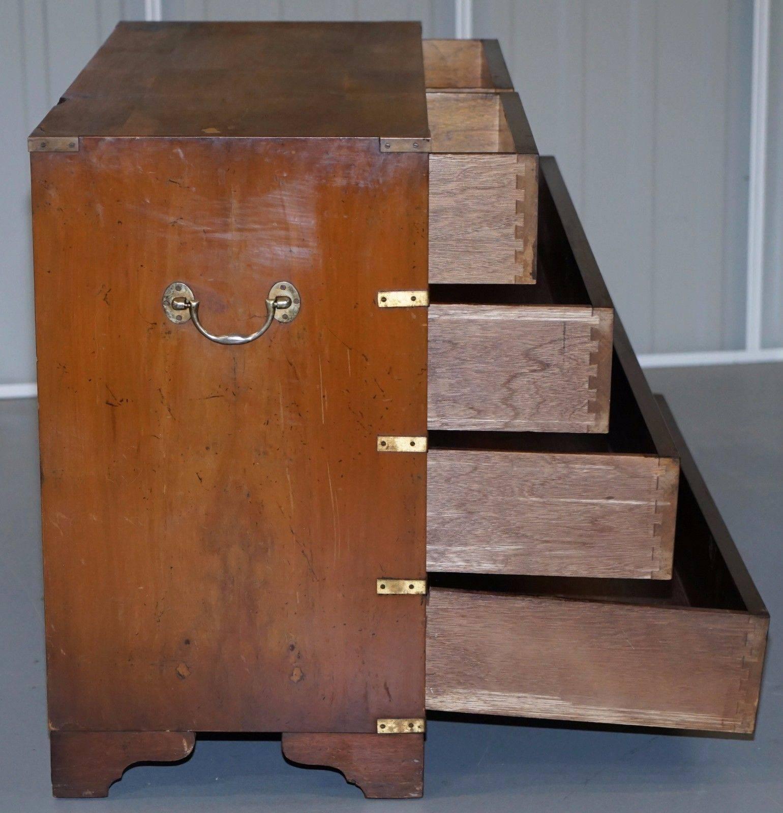 20th Century Yew Wood Veneer Military Campaign Chest of Drawers with Brass Fittings & Handles