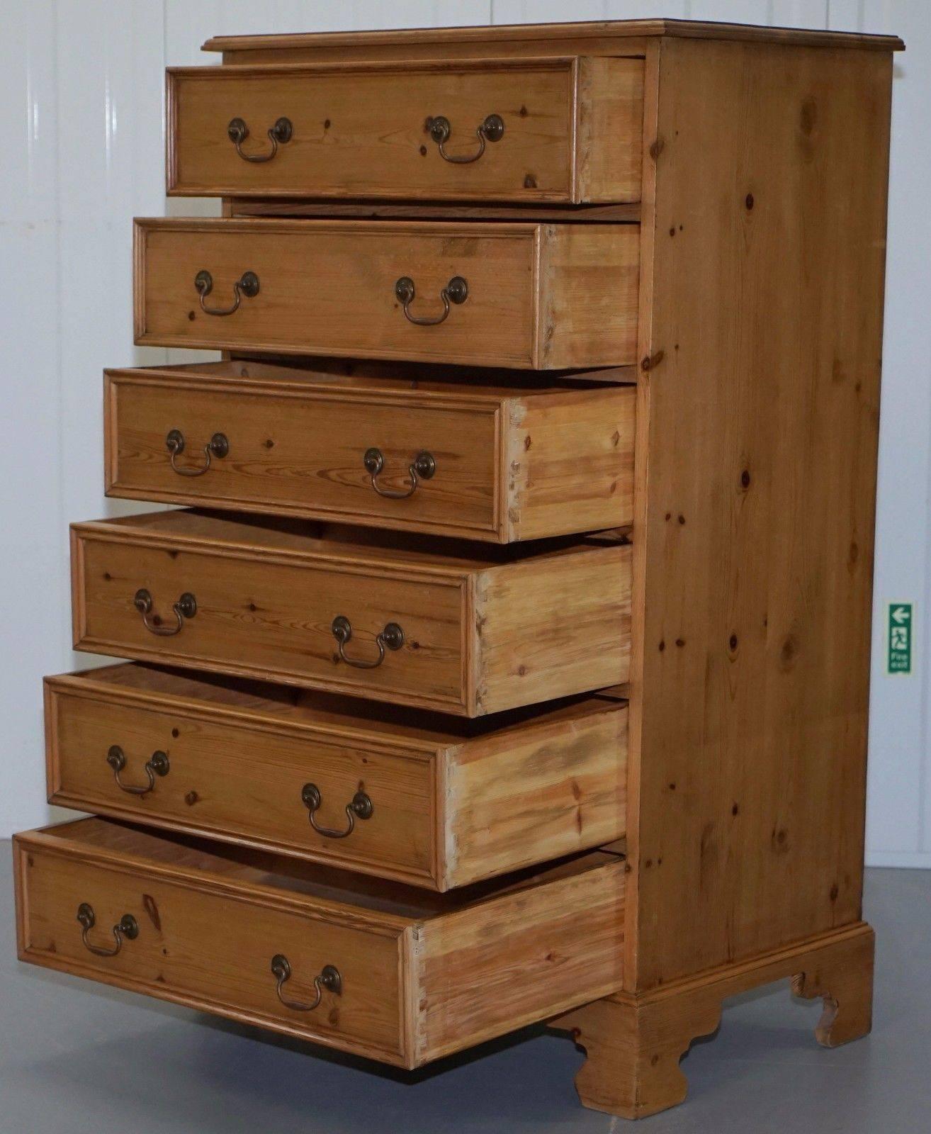 Pine Vintage Farmhouse Country Large Deep Tallboy Chest of Drawers Swan Neck Handles