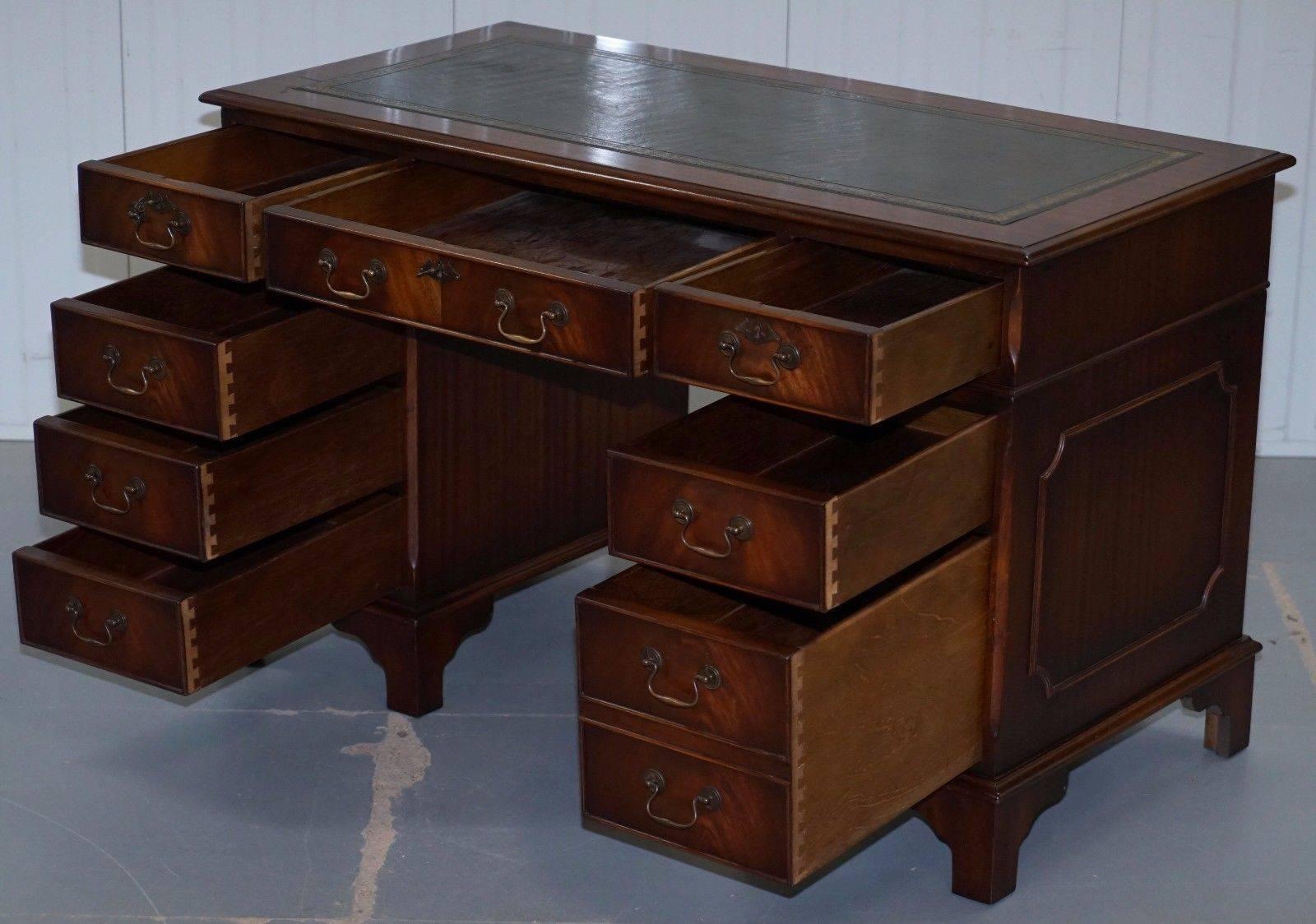 Vintage Premium Twin Pedestal Mahogany Partner Desk Leather Writing Surface 3