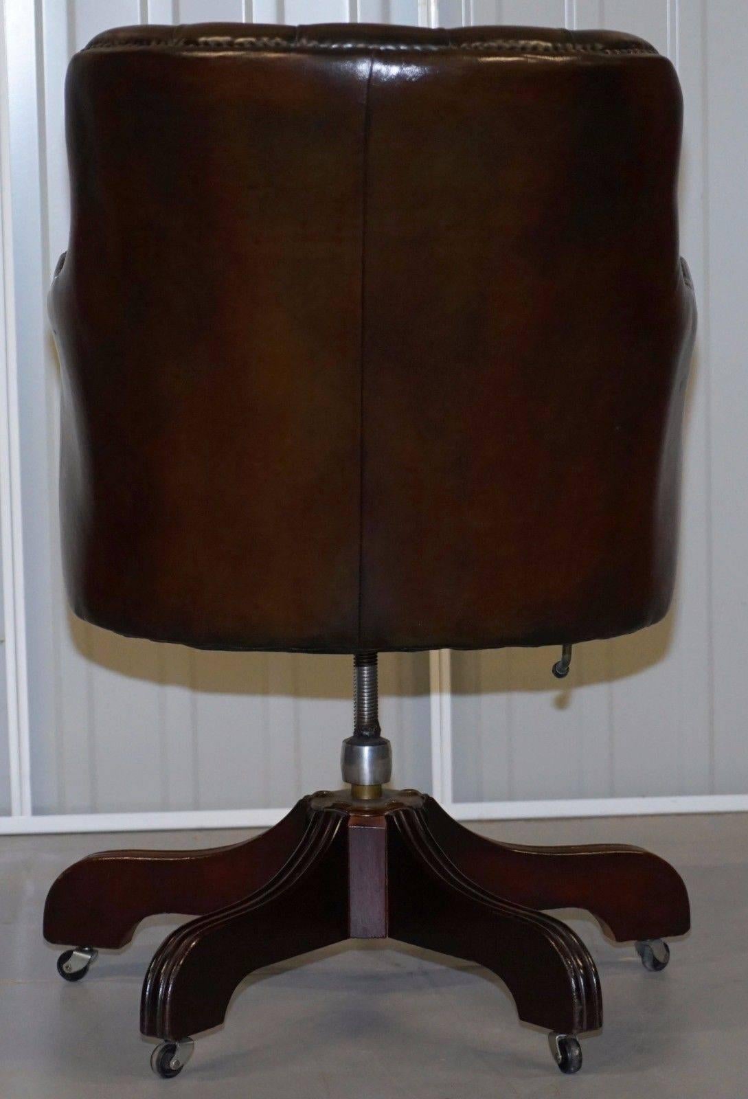 20th Century Fully Restored Chesterfield Cigar Brown Leather Captains Chair Barrel Back
