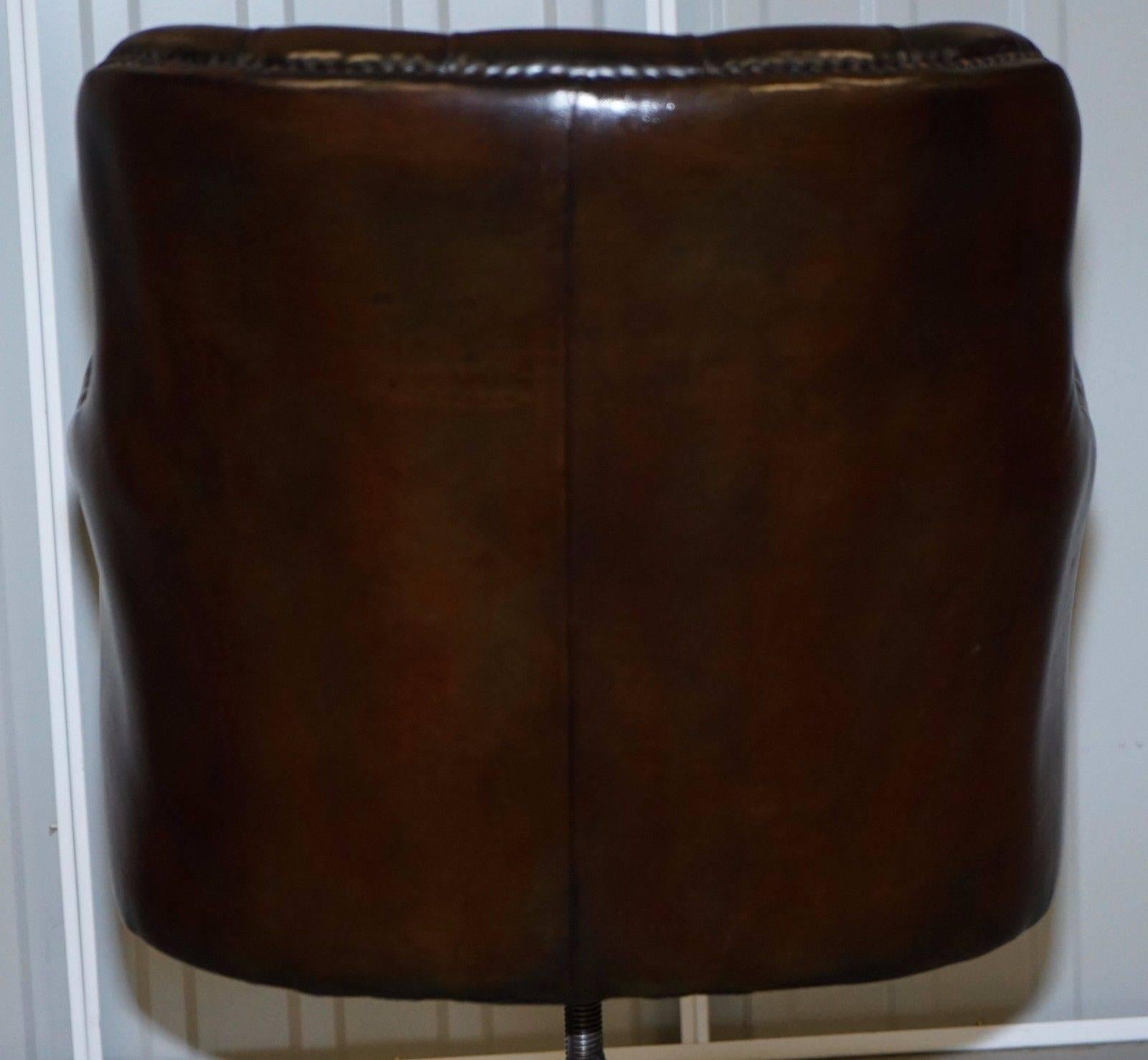 Fully Restored Chesterfield Cigar Brown Leather Captains Chair Barrel Back 1