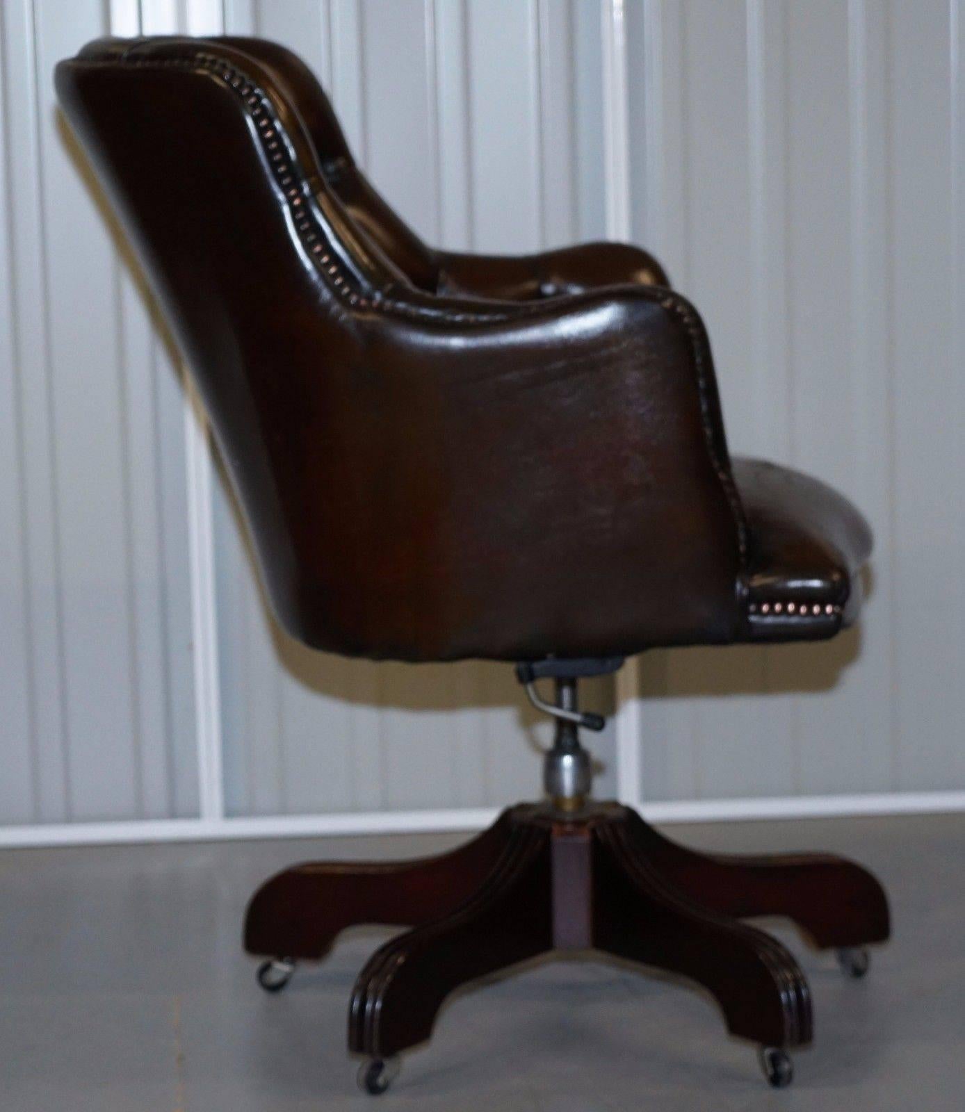Hand-Carved Fully Restored Chesterfield Cigar Brown Leather Captains Chair Barrel Back