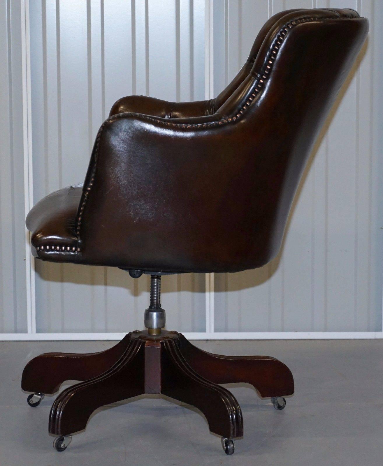 Fully Restored Chesterfield Cigar Brown Leather Captains Chair Barrel Back 2