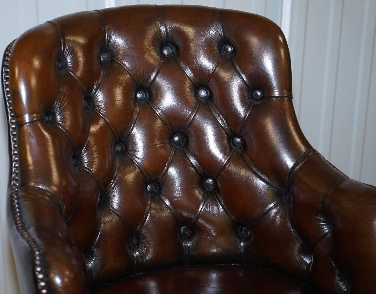 Modern Fully Restored Chesterfield Cigar Brown Leather Captains Chair Barrel Back