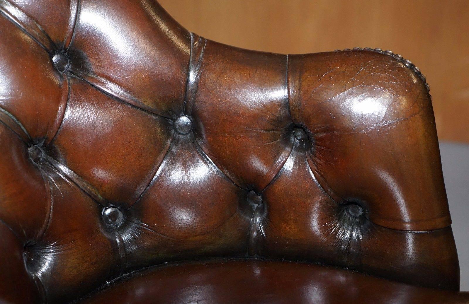 British Fully Restored Chesterfield Cigar Brown Leather Captains Chair Barrel Back