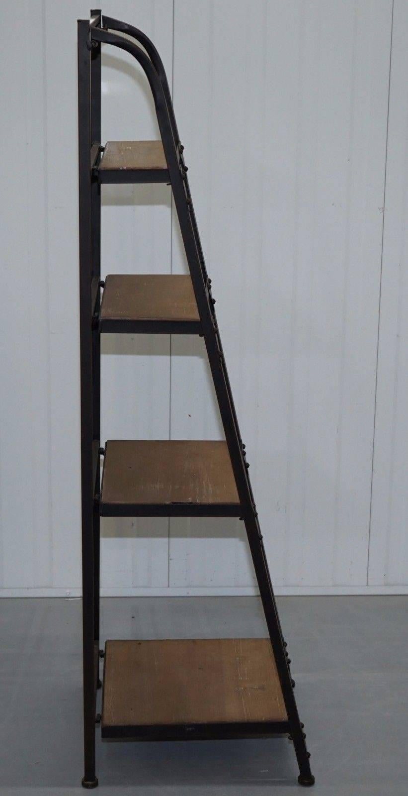 Hand-Crafted Restored Vintage Industrial Bakers Shelves Ladder Bookcase Solid Steel