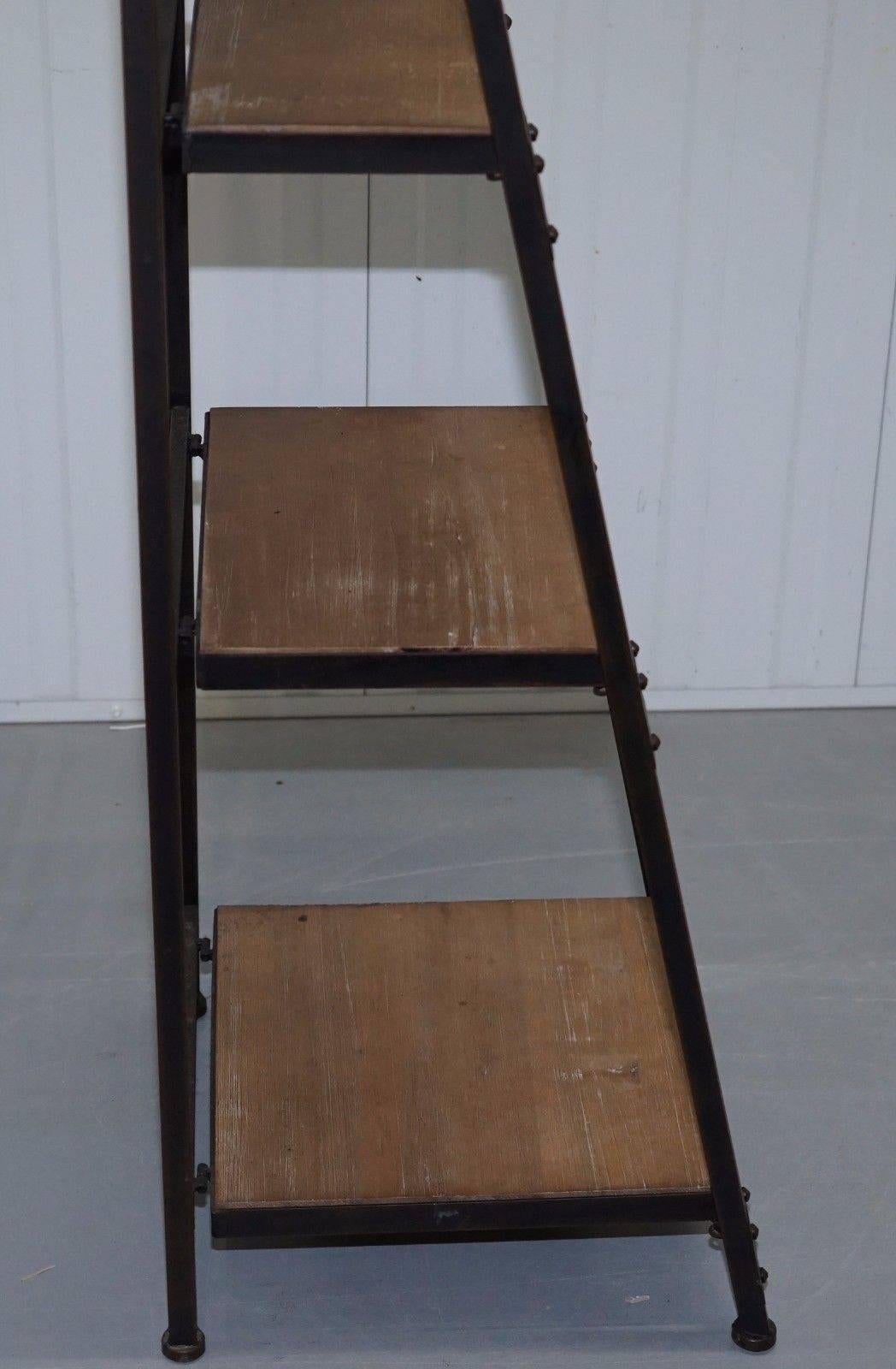 Contemporary Restored Vintage Industrial Bakers Shelves Ladder Bookcase Solid Steel