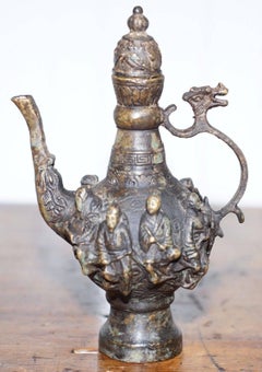 Chinese Bronze Ewer Jug Signed to the Base High Relief Detailing Nice Cast