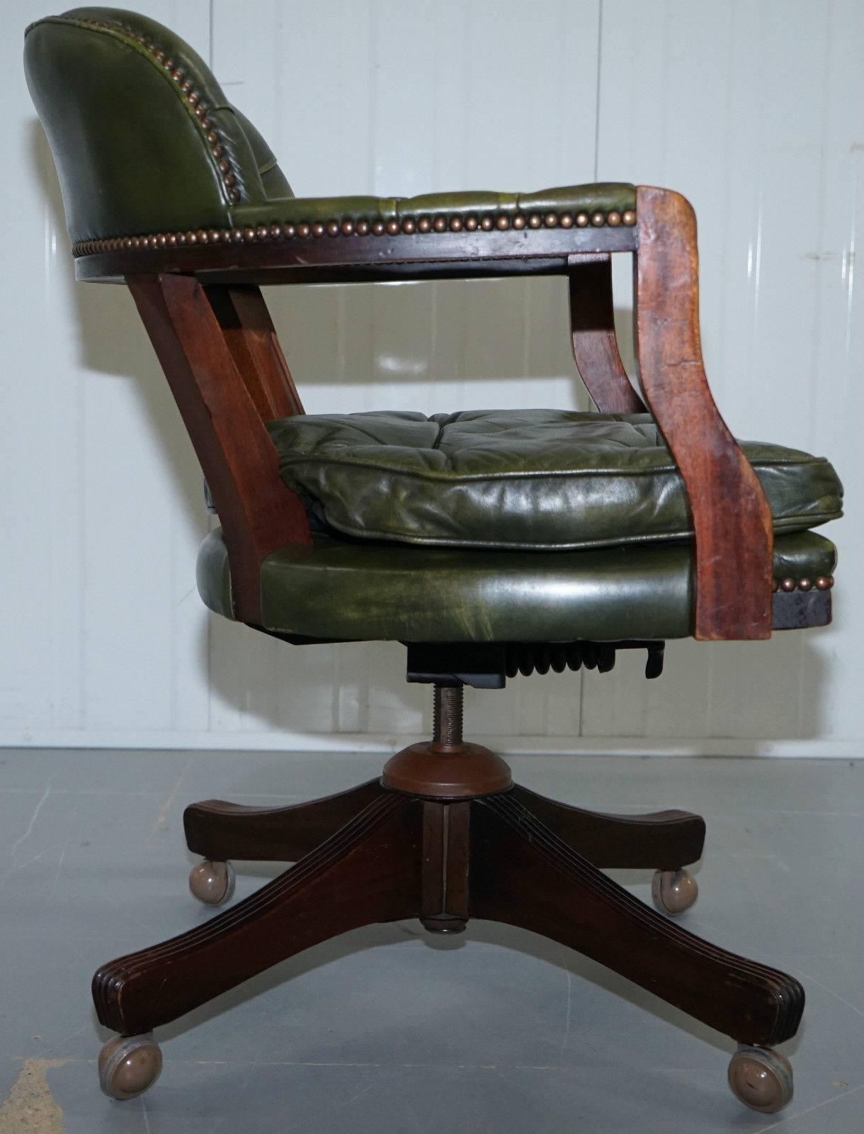 20th Century Stunning Cushioned Chesterfield Admirals Court Captains Aged Green Leather Chair