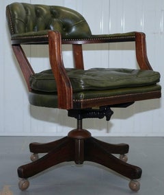 Stunning Cushioned Chesterfield Admirals Court Captains Aged Green Leather Chair