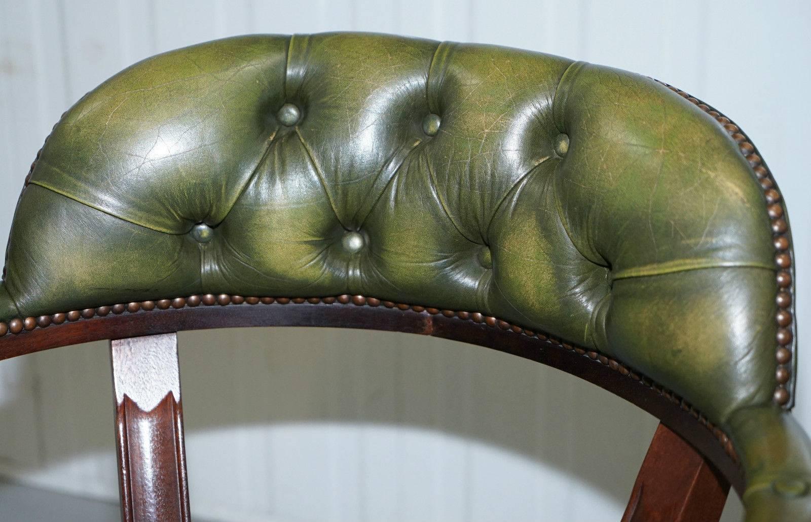 Hand-Carved Stunning Cushioned Chesterfield Admirals Court Captains Aged Green Leather Chair